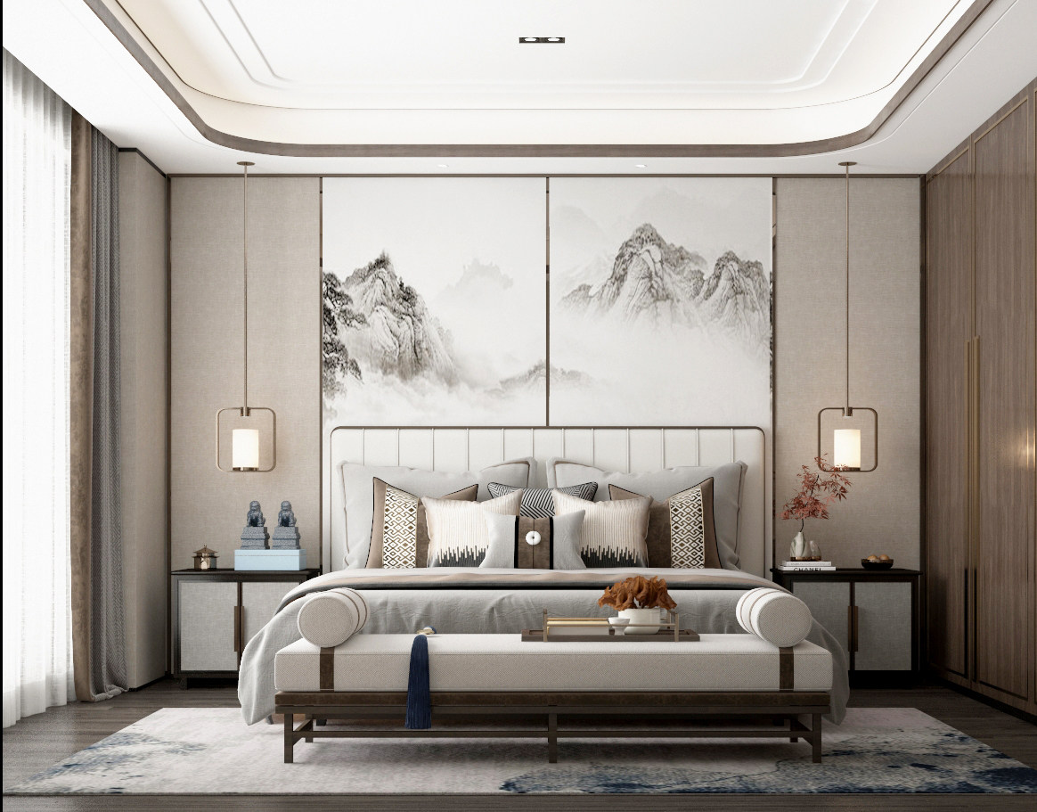 新中式样板间卧室，双人床，床尾凳，床头柜床尾塌3d模型下载