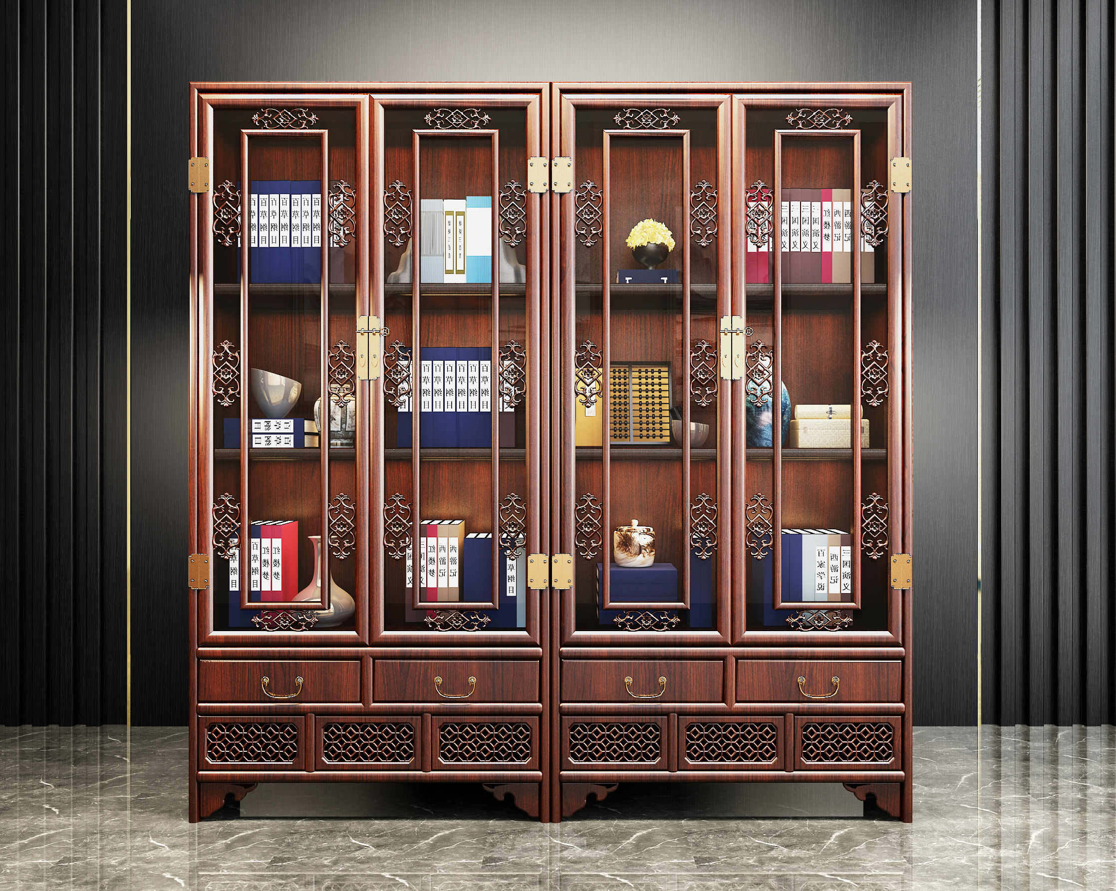 中式古典红木实木雕花书柜3d模型下载