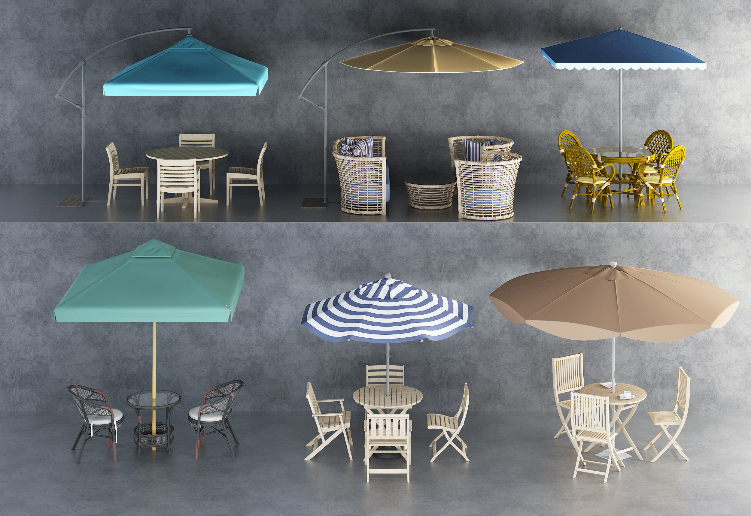 现代户外遮阳伞，藤编休闲椅组合3d模型下载
