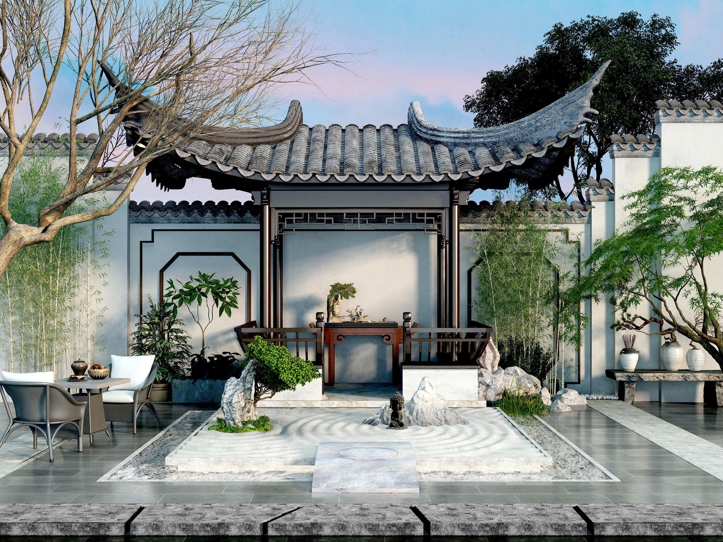 中式古建园林，庭院3d模型下载