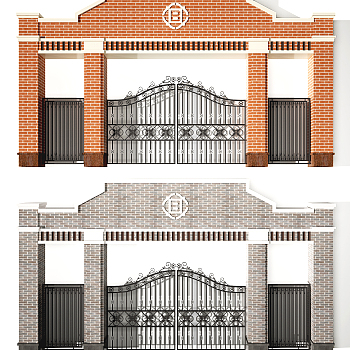 简欧砖墙铁艺大门3d模型下载
