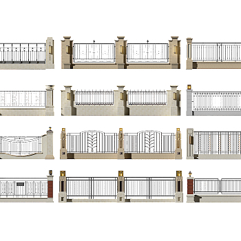 简欧式，铁艺院墙围墙3d模型下载