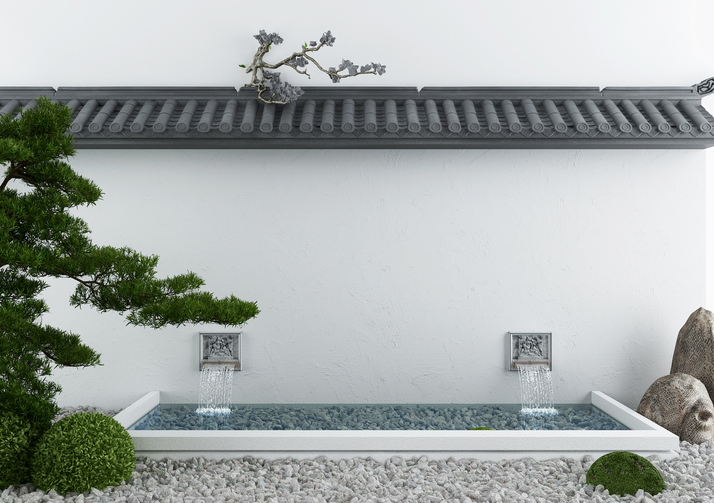 新中式庭院景观小品，水景3d模型下载