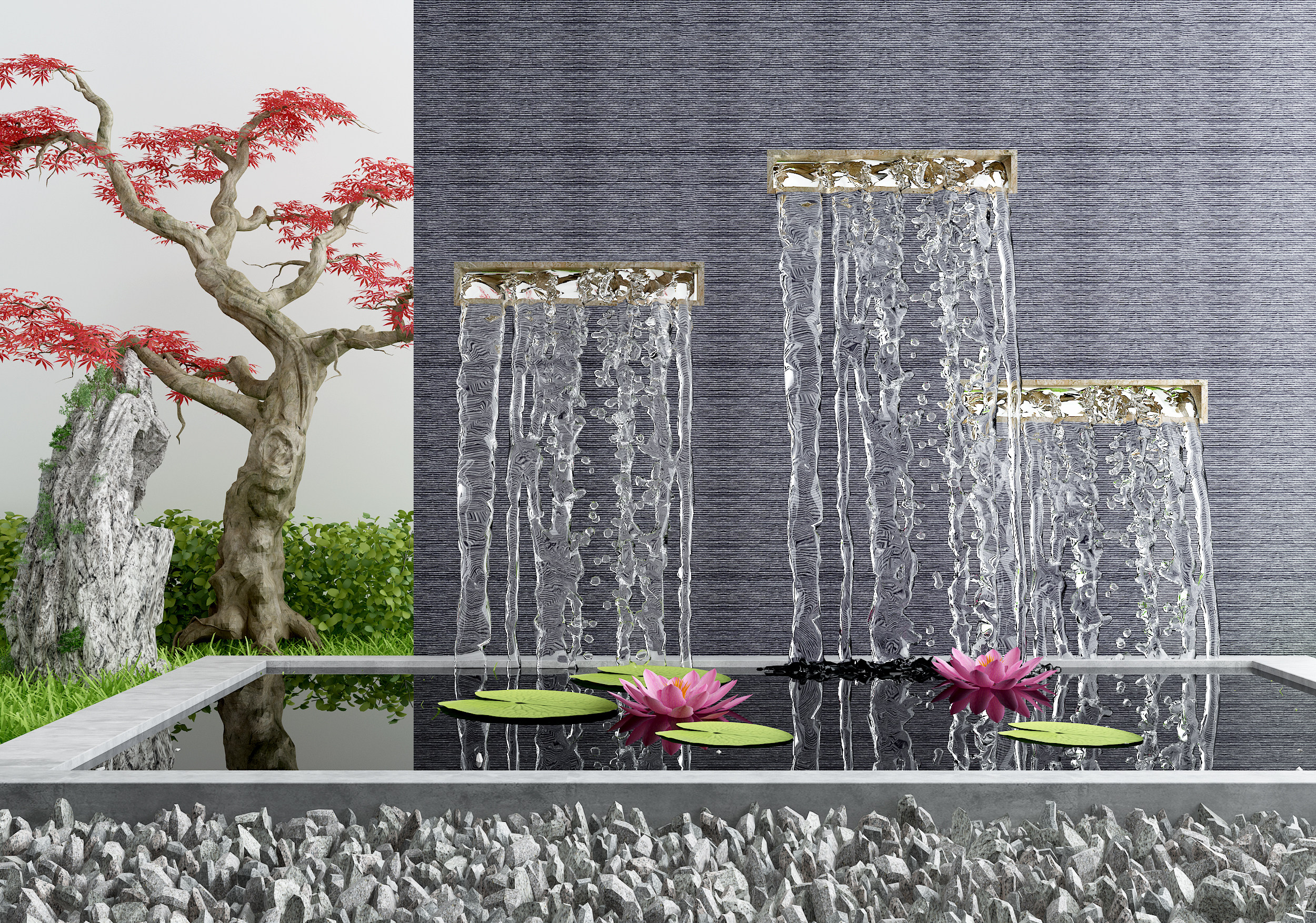 新中式庭院景观流水背景墙，水景3d模型下载