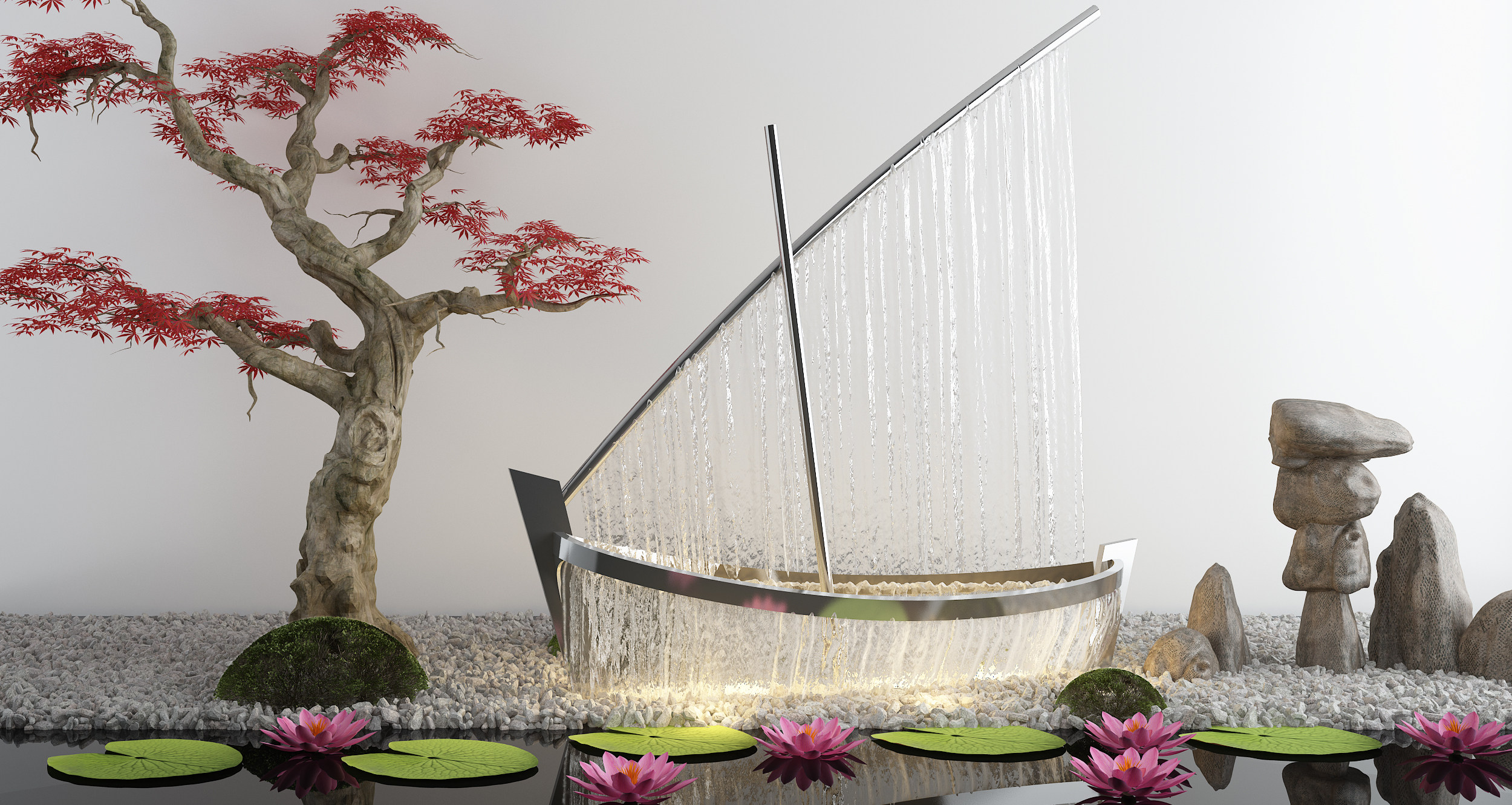 新中式景观小品，船，水景3d模型下载