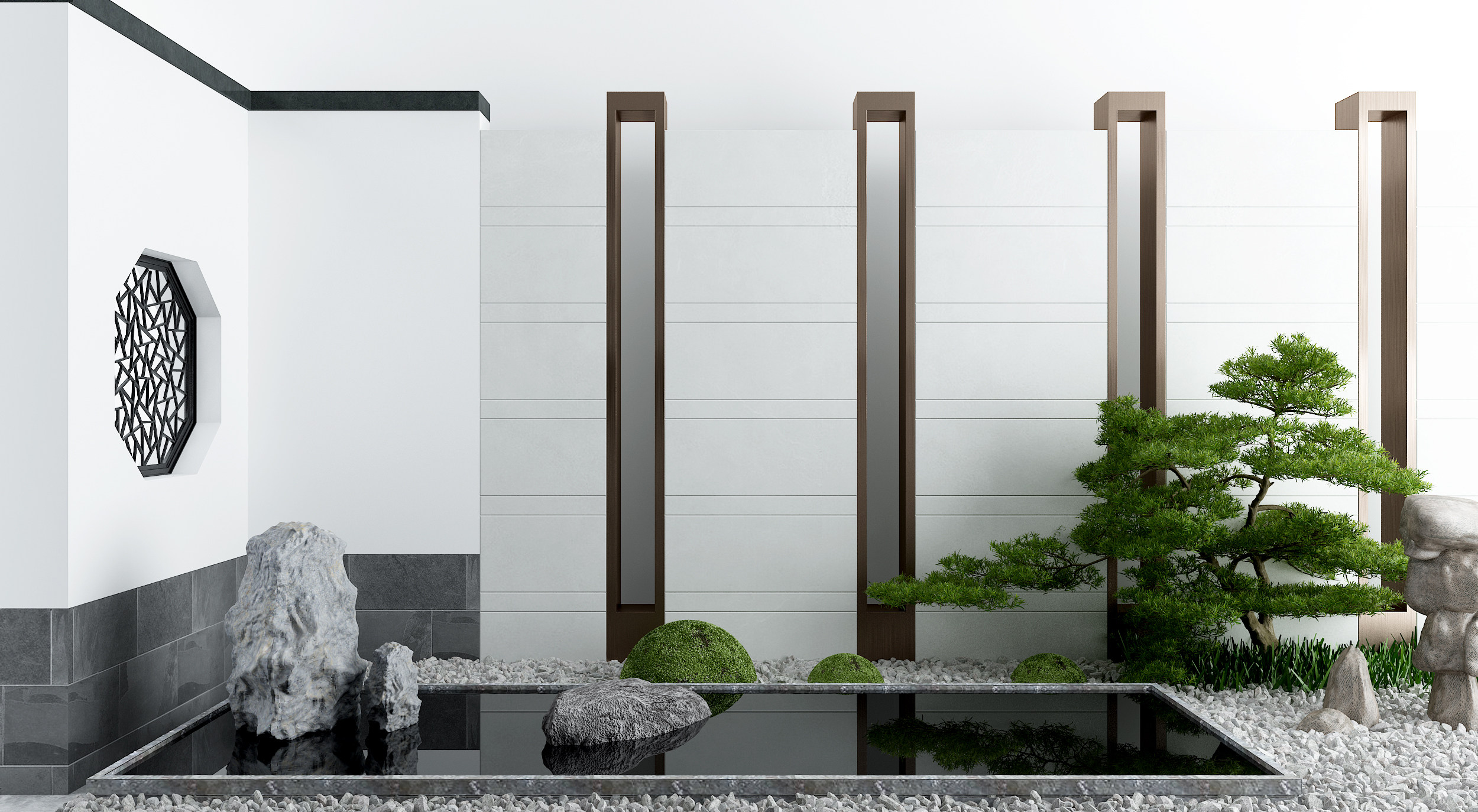 新中式庭院景观，水景3d模型下载