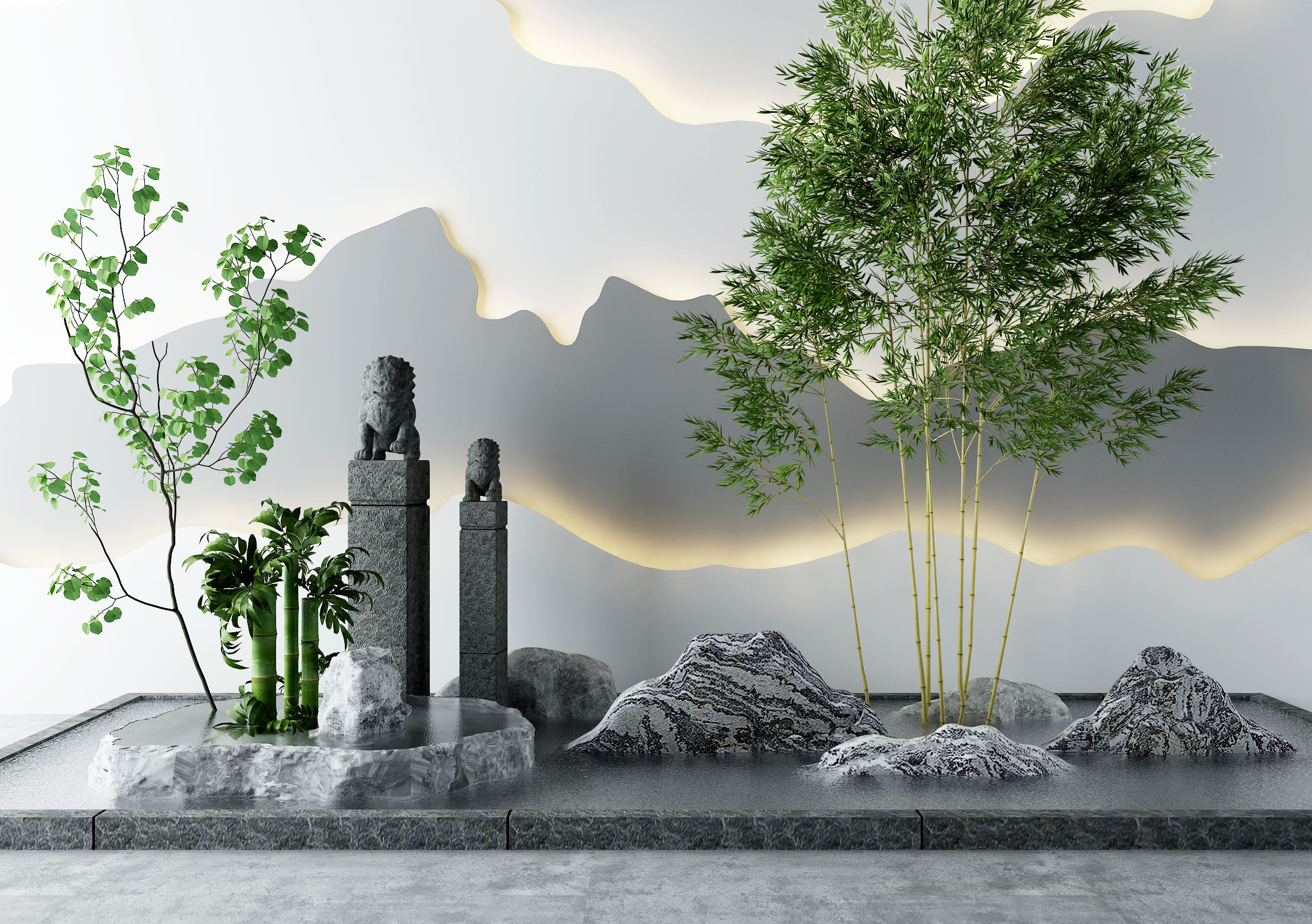 新中式山水景观园艺小品3d模型下载