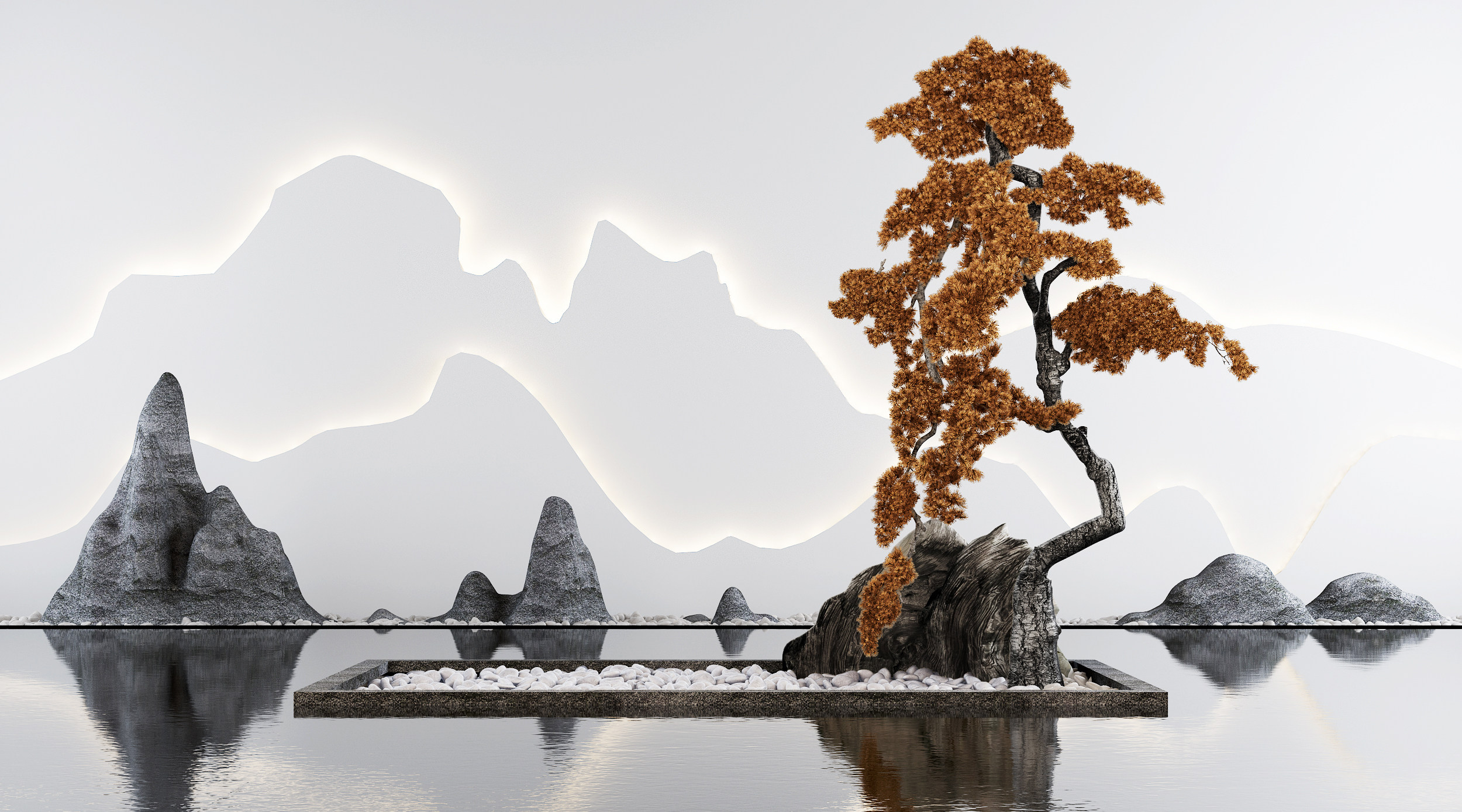 新中式松树景观小品3d模型下载
