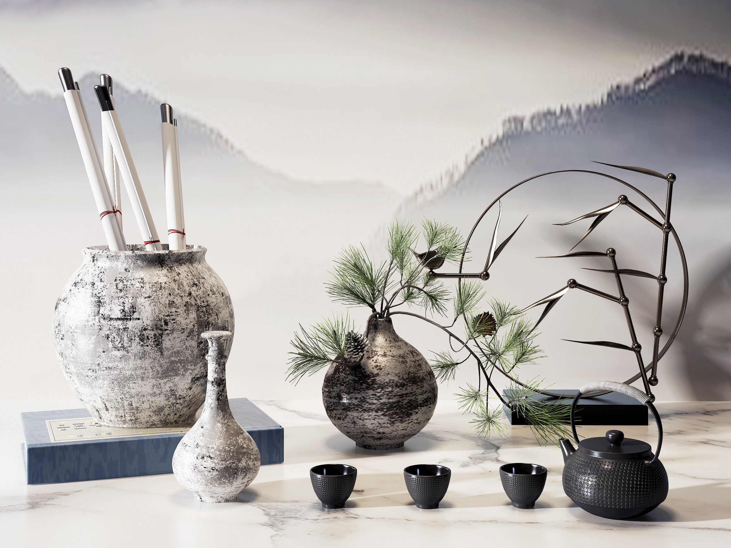 新中式陶艺茶具3d模型下载