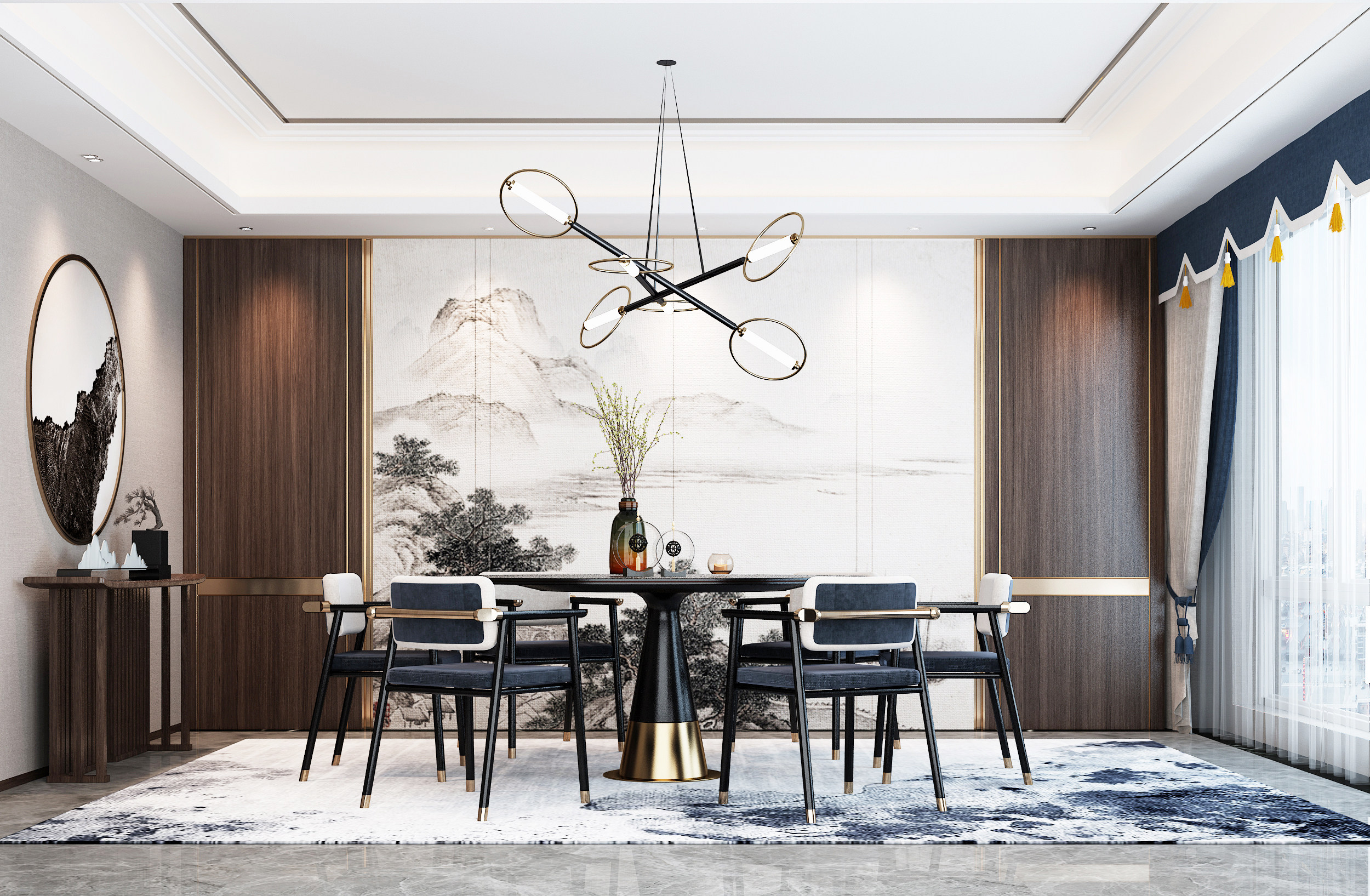 新中式餐厅，餐桌椅，窗帘3d模型下载