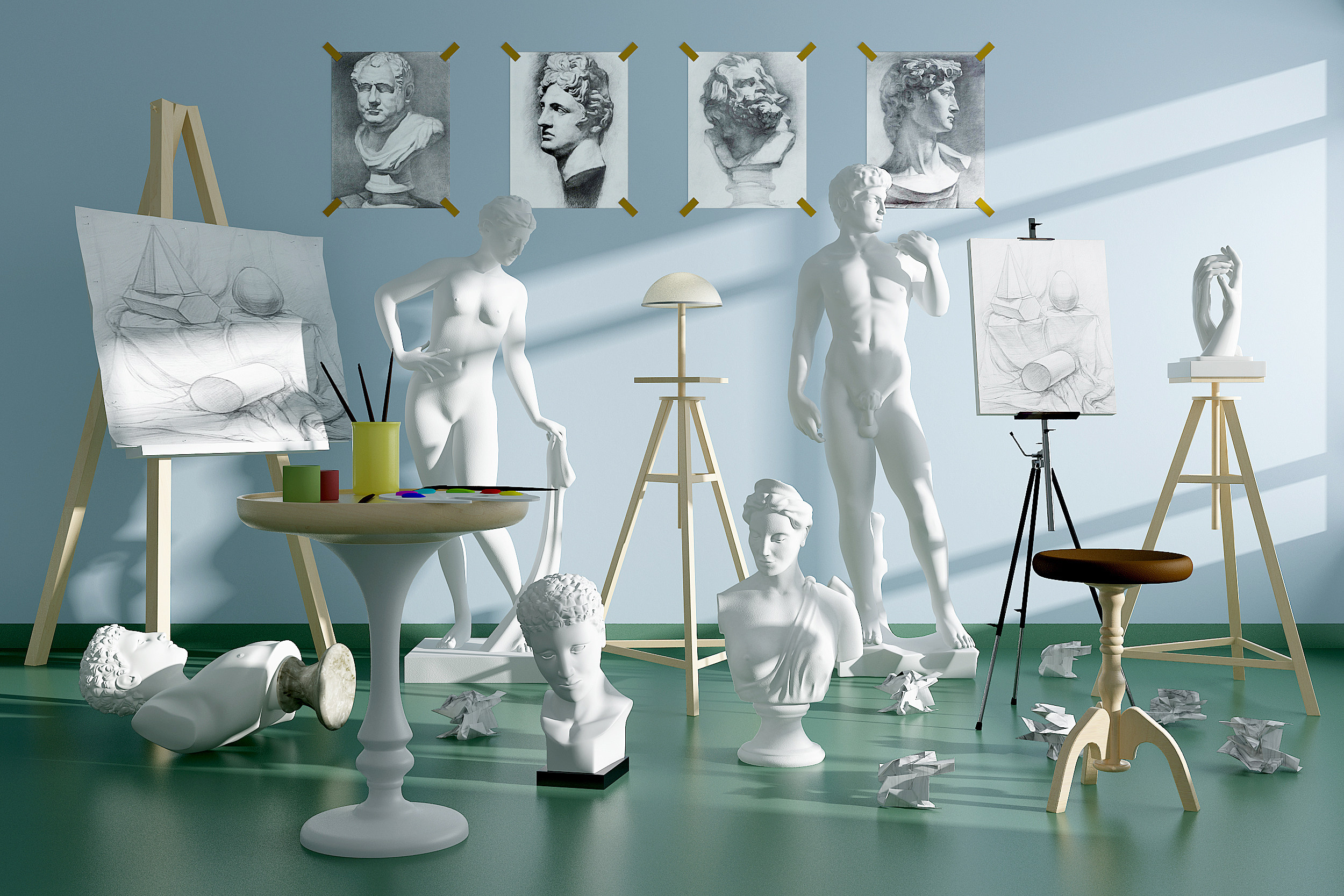 现代画室人物雕像，画板，3d模型下载