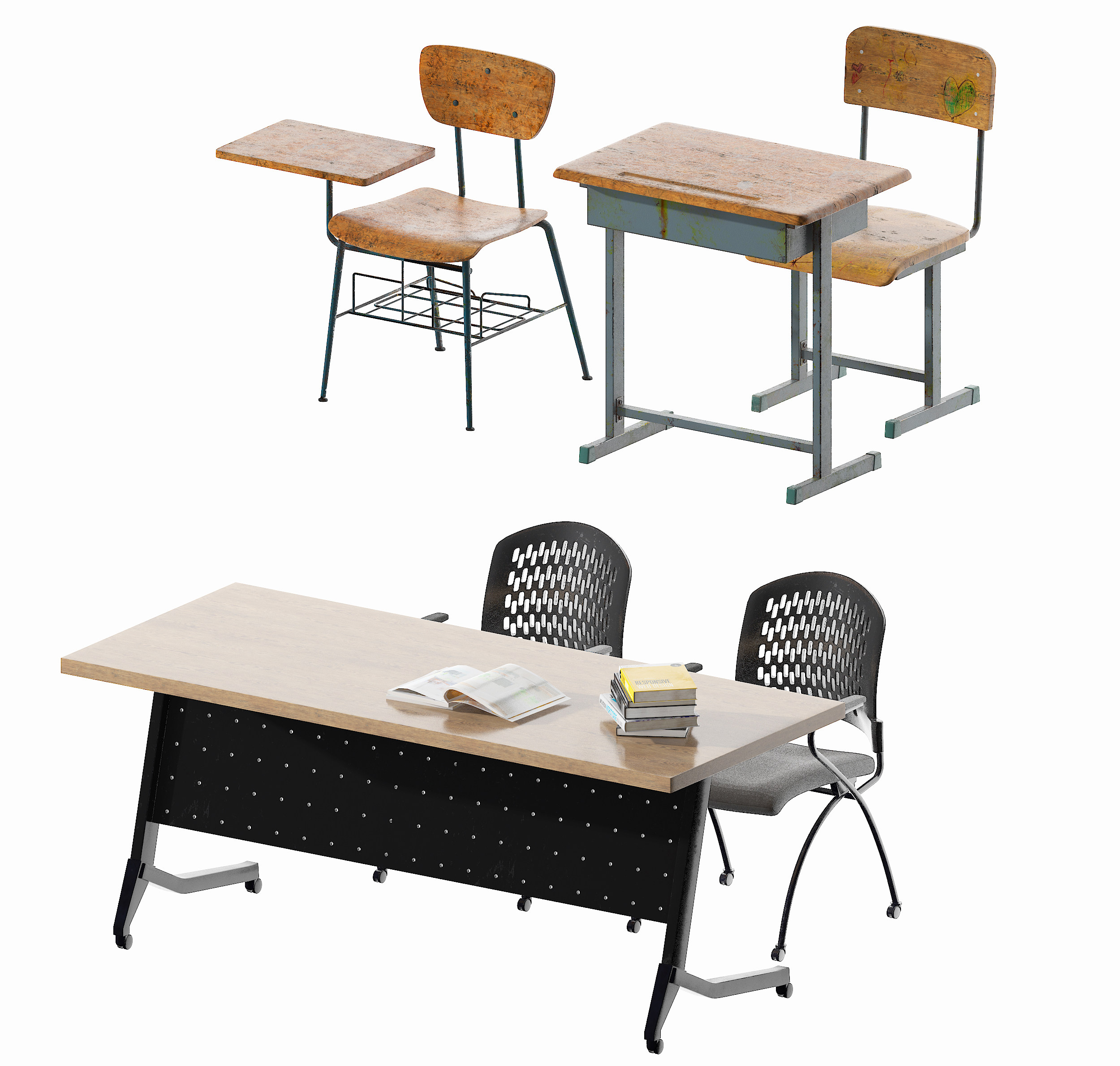 现代学生课桌椅3d模型下载
