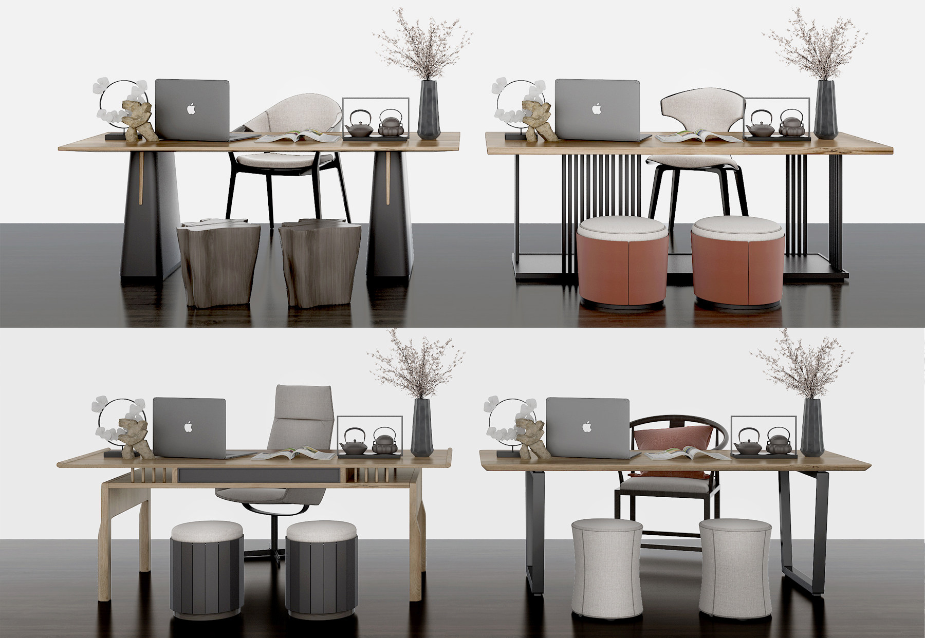 新中式实木书桌椅3d模型下载