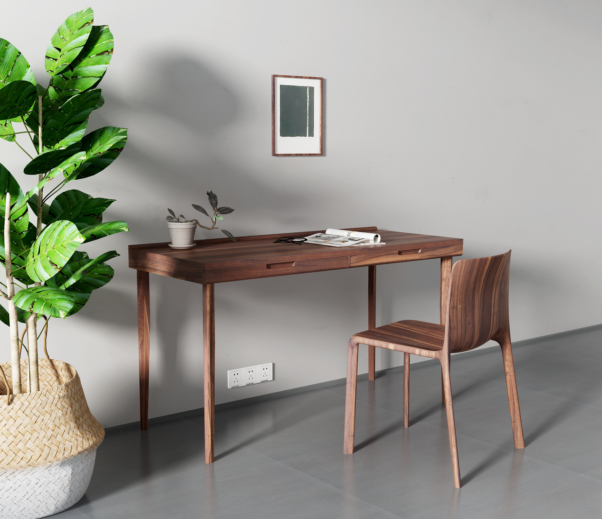 现代原木书桌椅3d模型下载