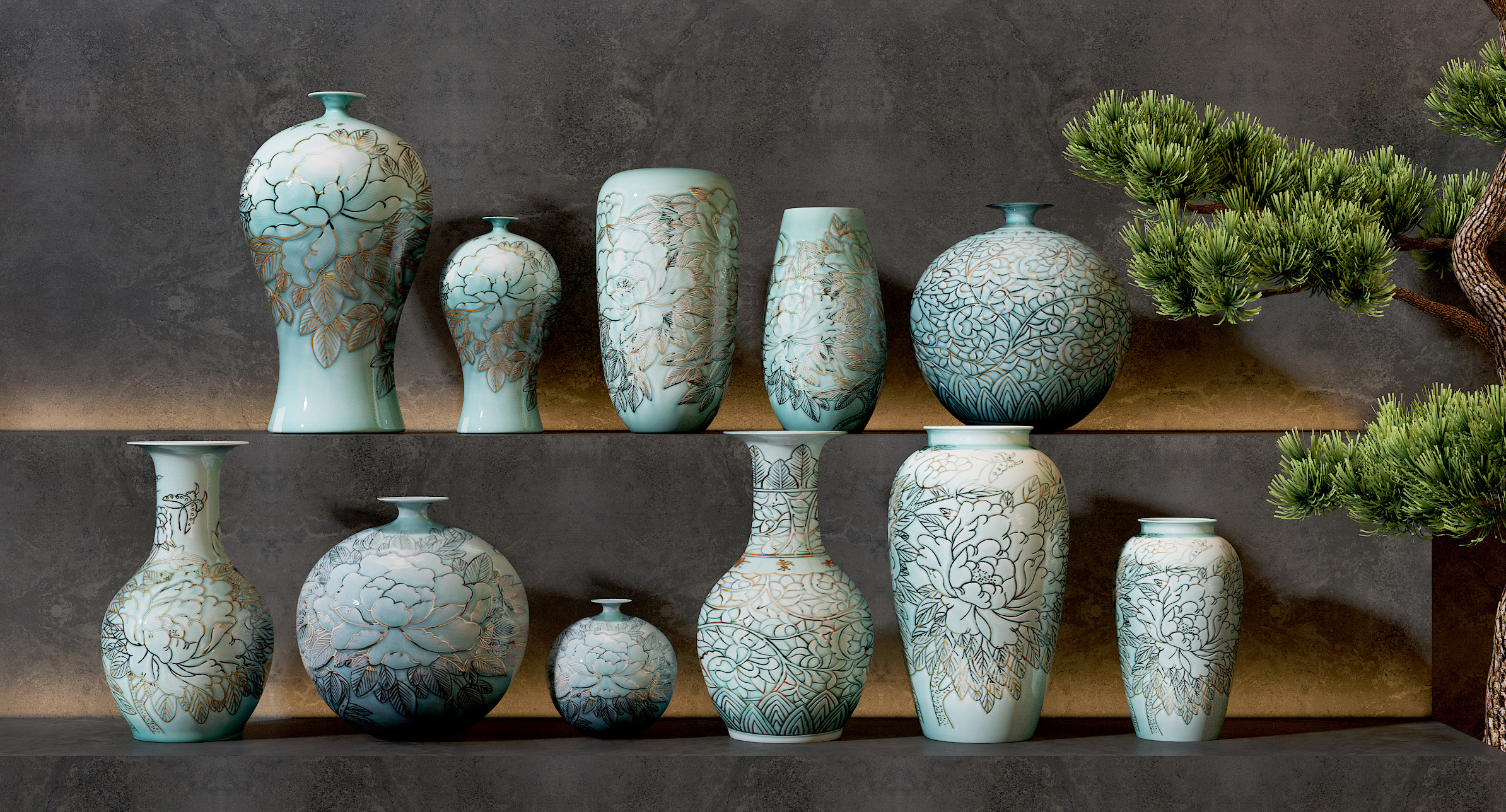 新中式雕花陶瓷器皿3d模型下载