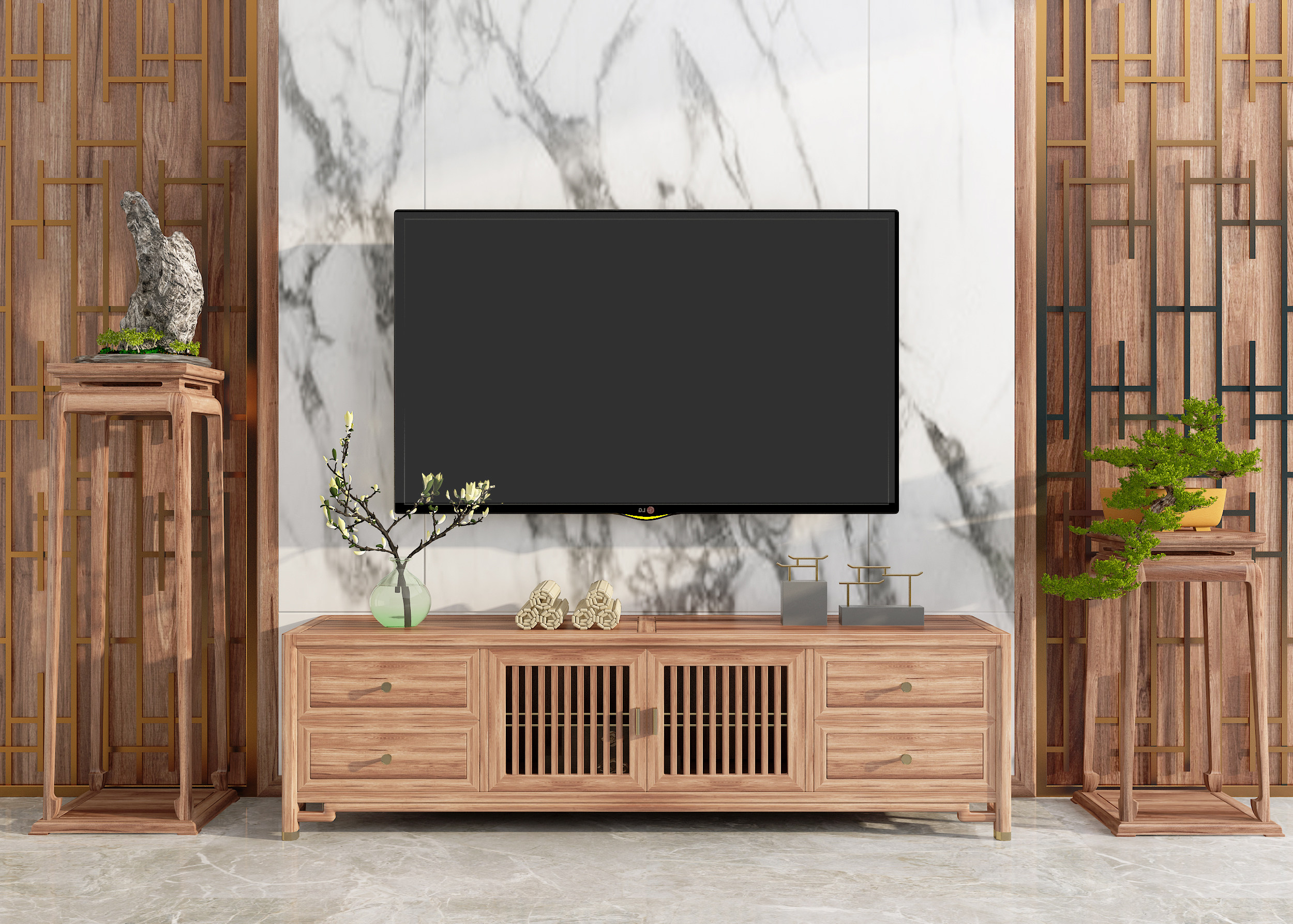 新中式实木电视柜3d模型下载
