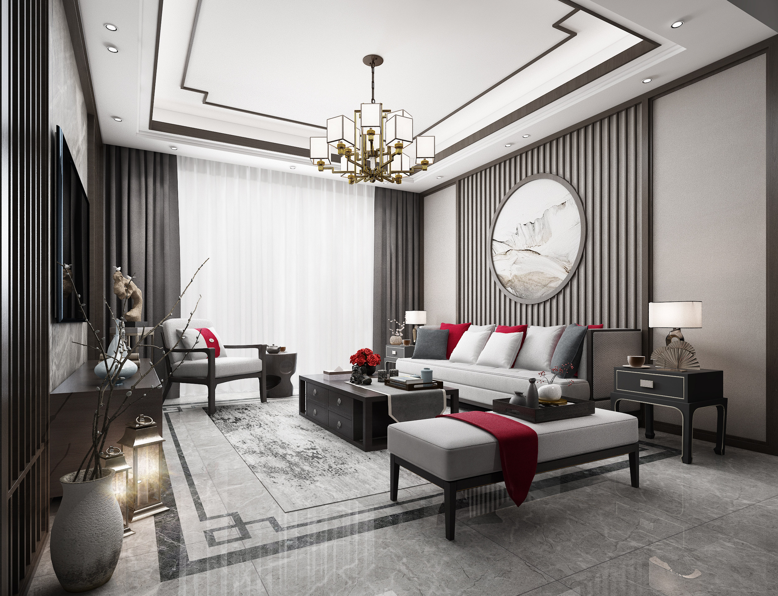新中式客厅3d模型下载