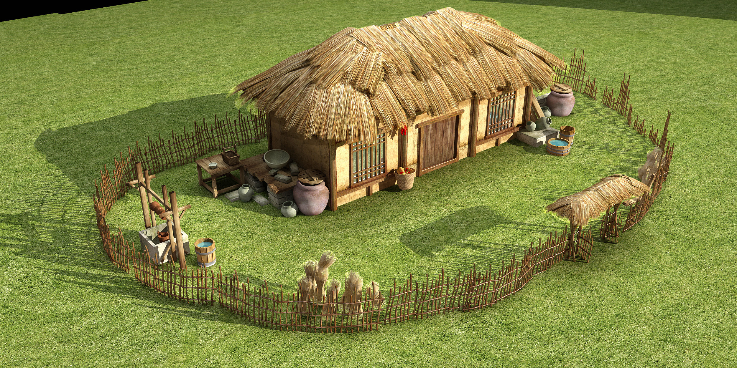 中式房子茅草屋，农场农家院，木栅栏，灶台水井，水桶3d模型下载