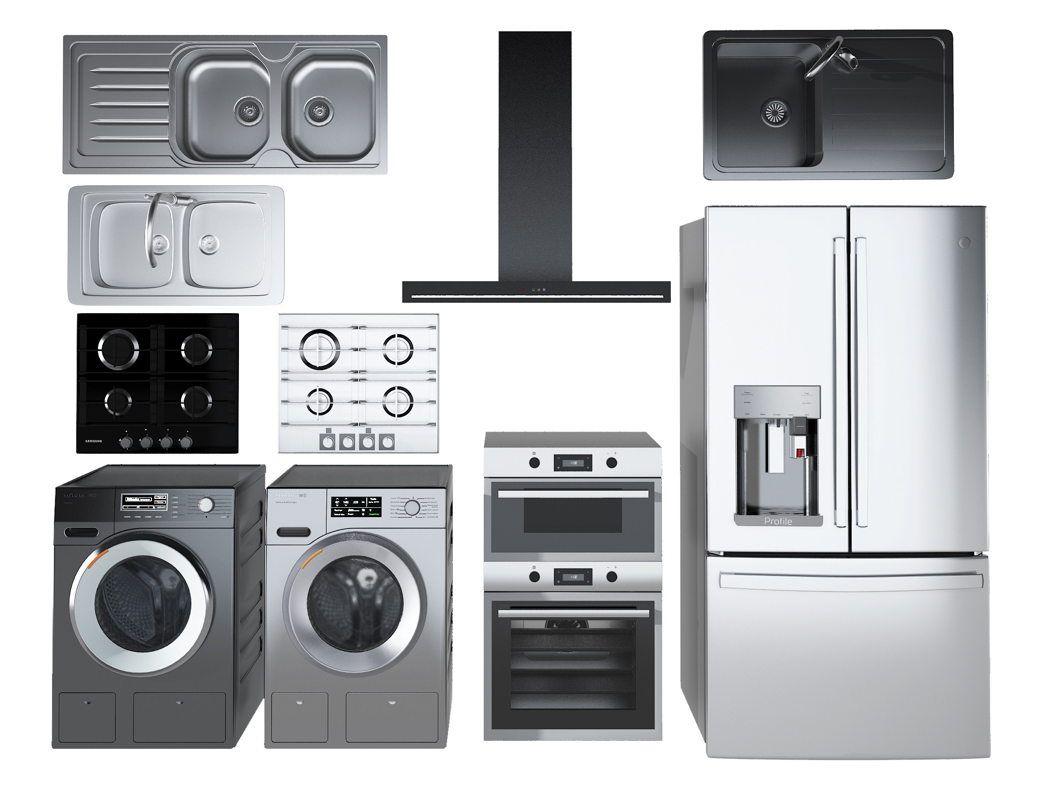 现代冰箱，煤汽灶，滚筒洗衣机家用电器组合3d模型下载