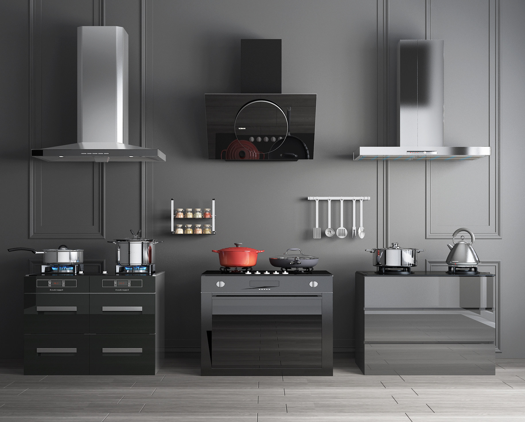 现代厨房吸油烟机，集成炉灶，厨房用品3d模型下载