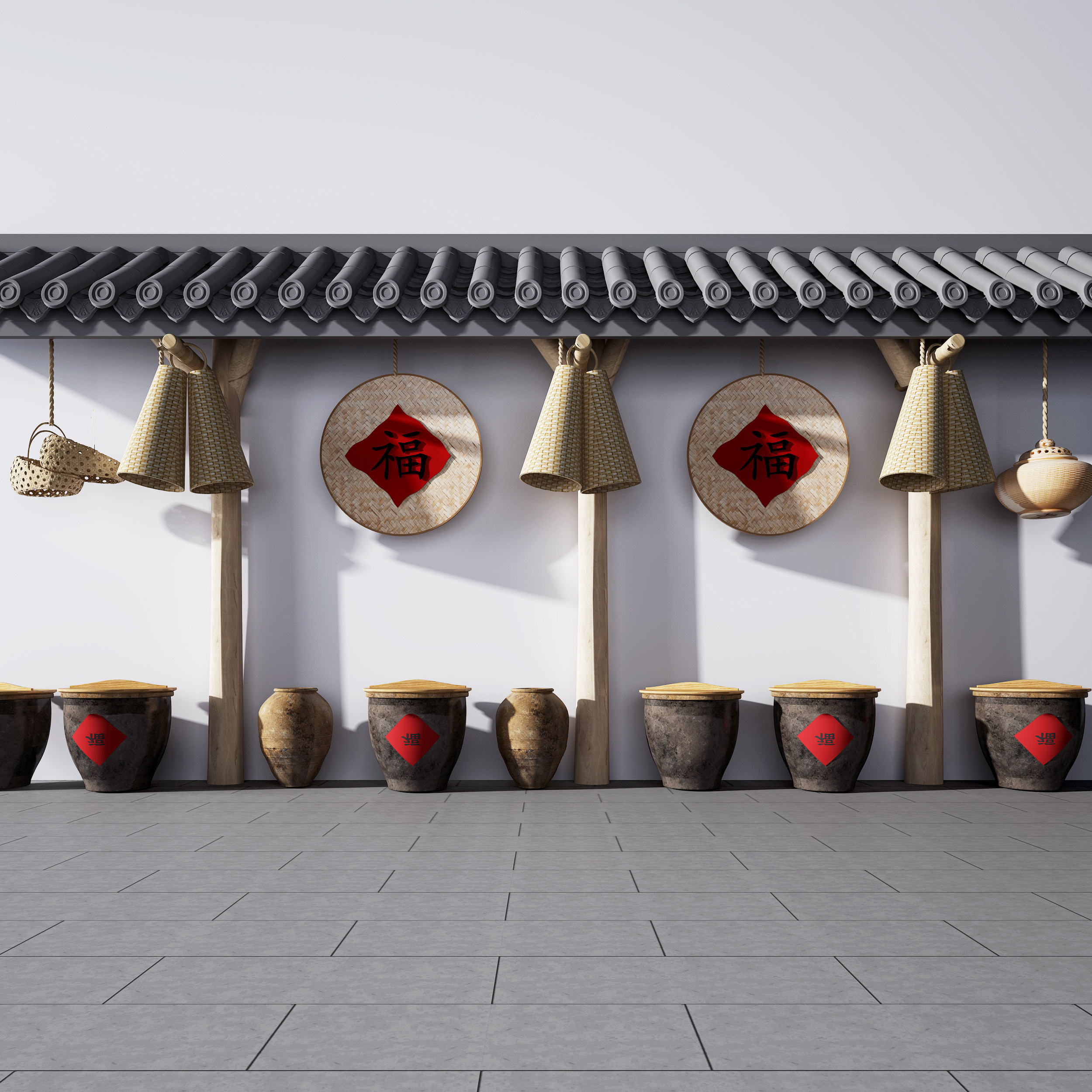 新中式乡村，走廊围墙酒缸农具组合3d模型下载