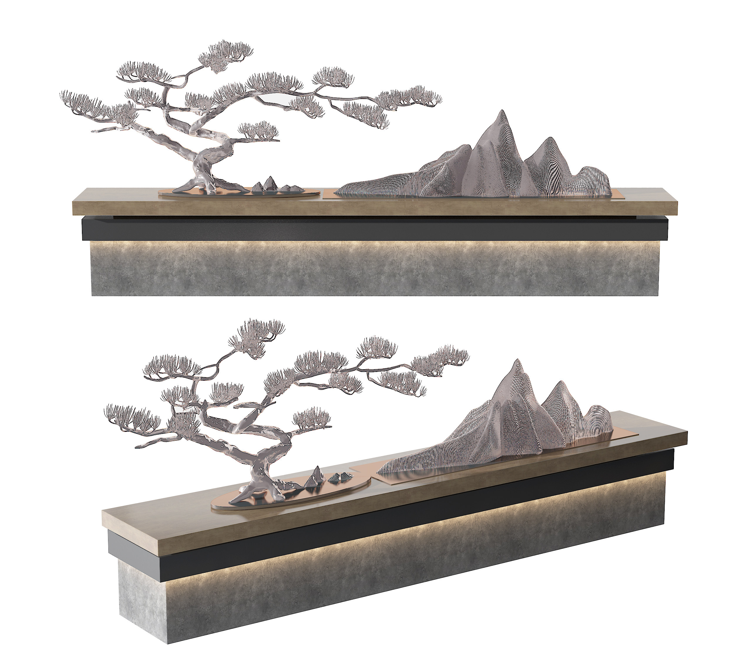 新中式金属松树假山，摆件3d模型下载