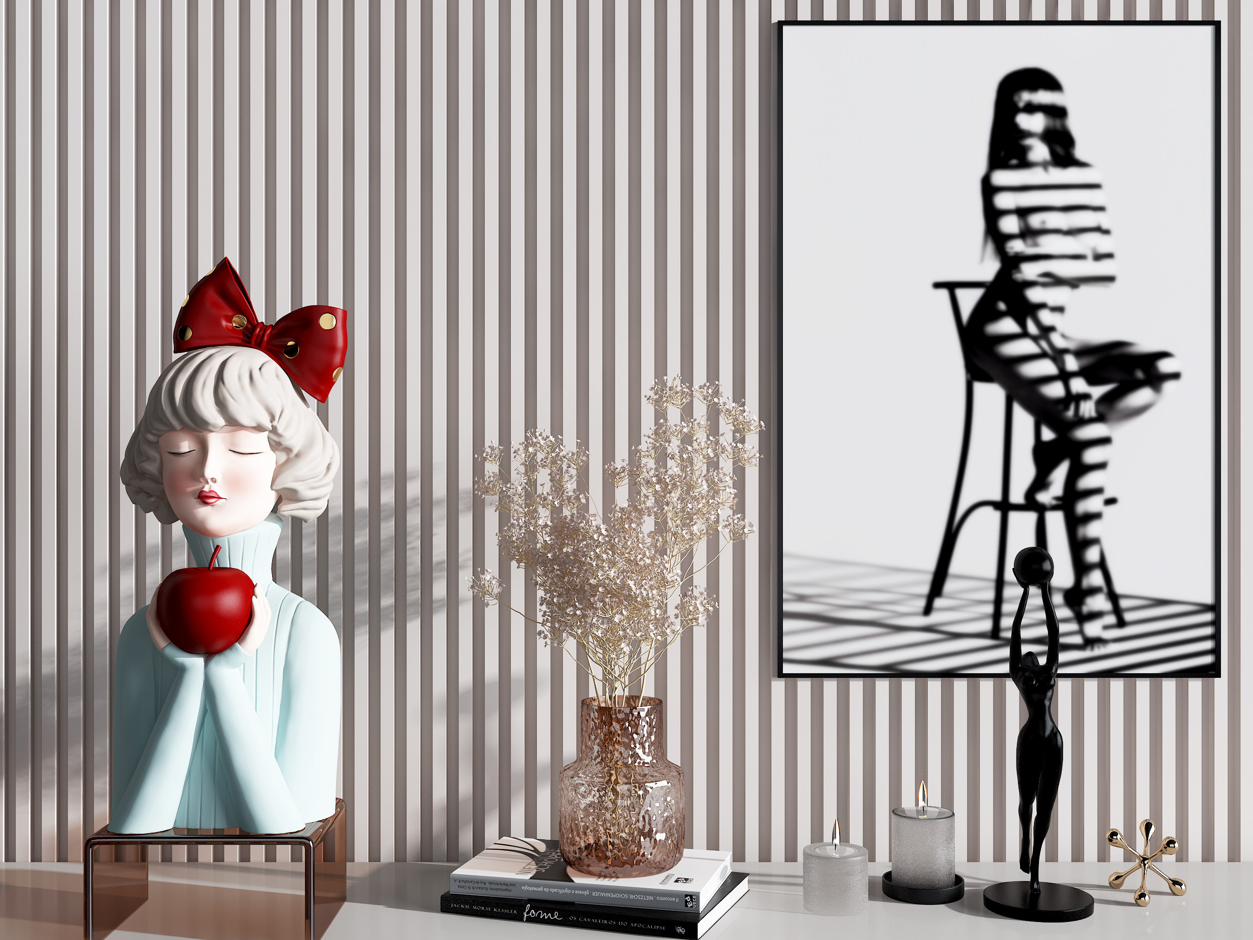 现代干枝花瓶，雕塑，挂画，书籍，摆件3d模型下载
