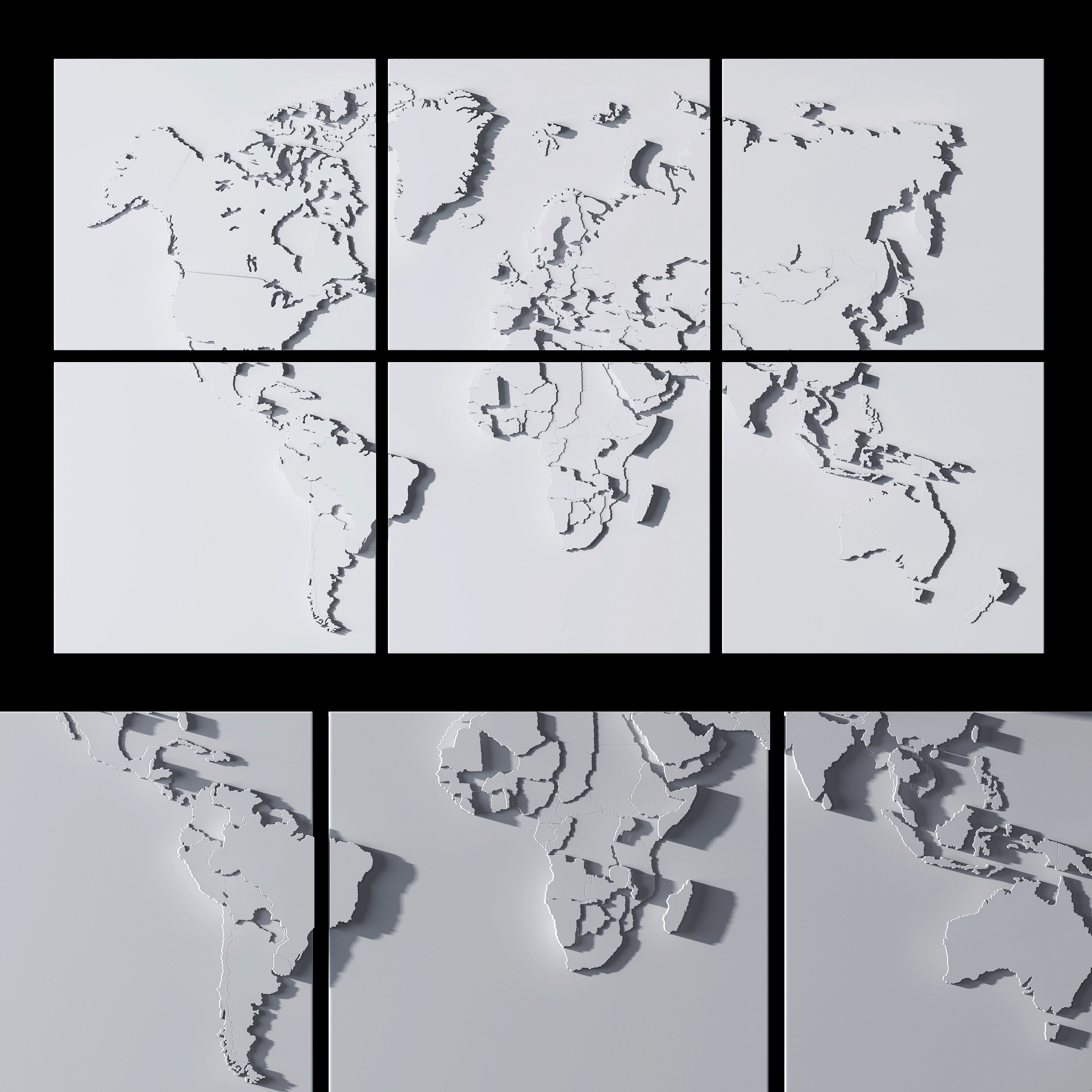 现代世界地图浮雕壁挂件，墙饰3d模型下载
