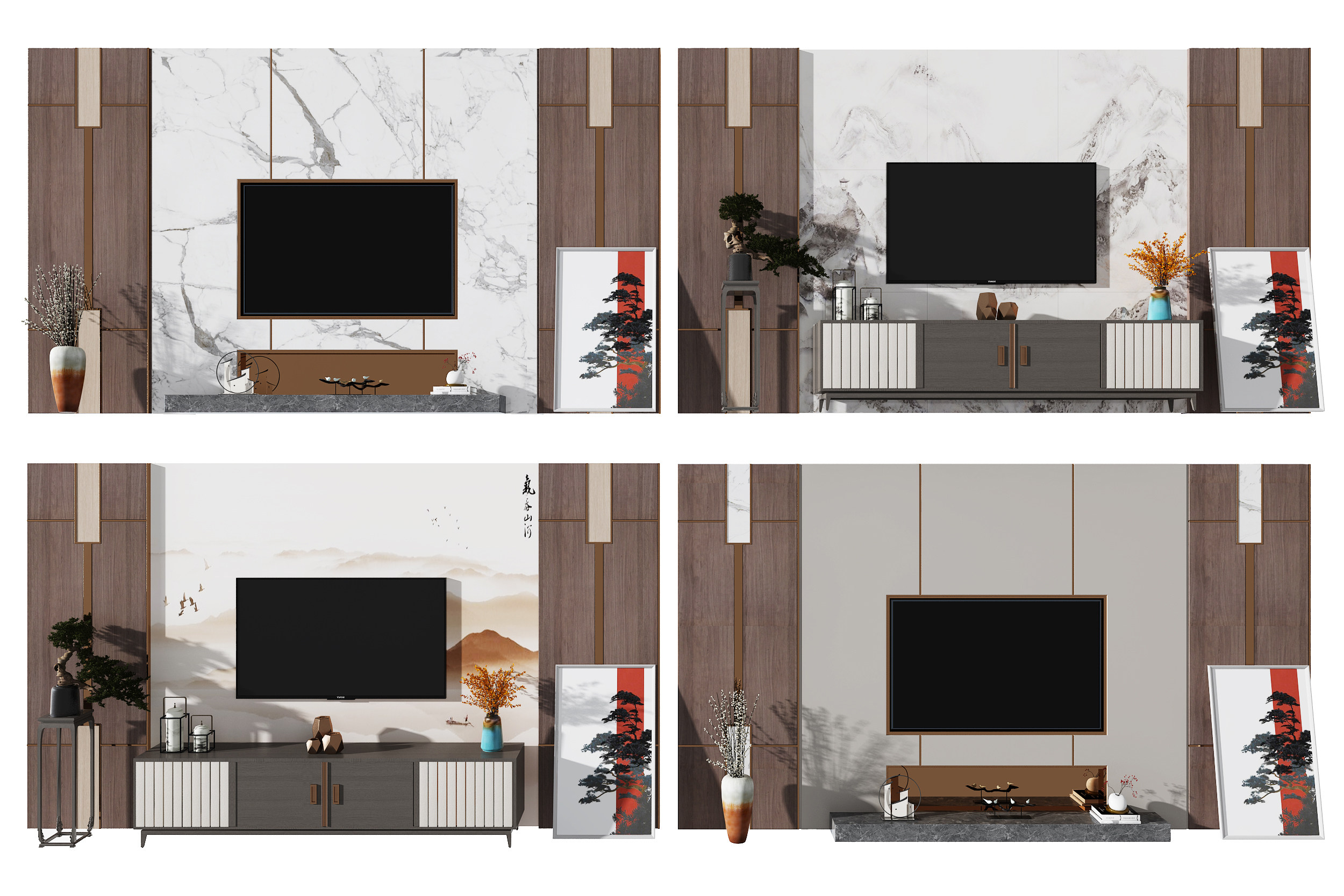 新中式电视柜背景墙3d模型下载
