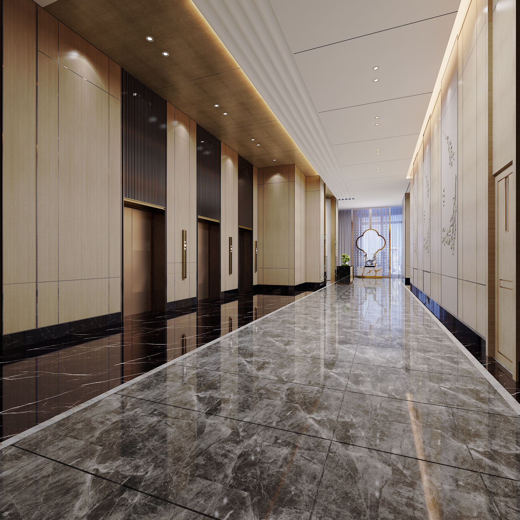 新中式酒店会所电梯厅3d模型下载