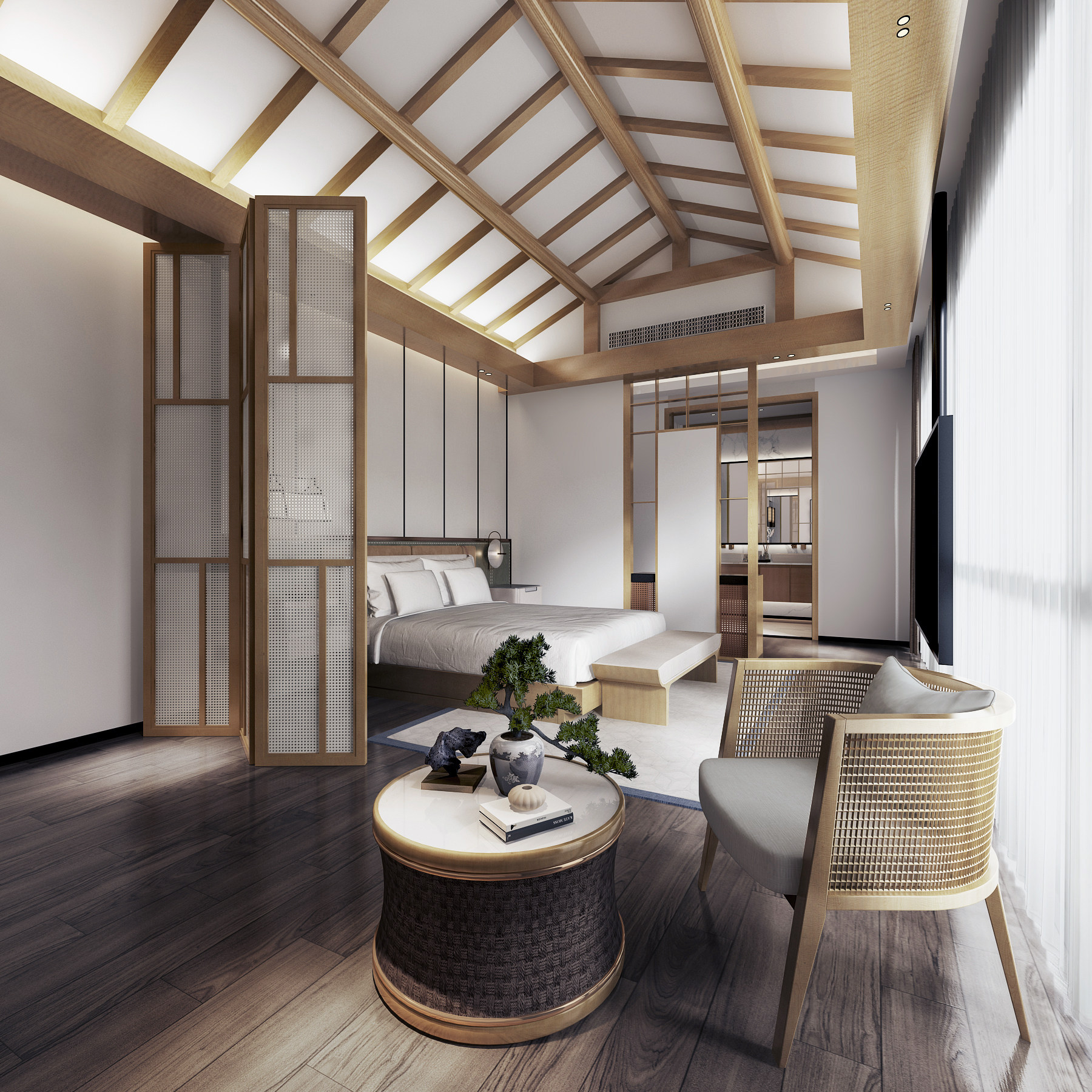 新中式民宿酒店客房3d模型下载