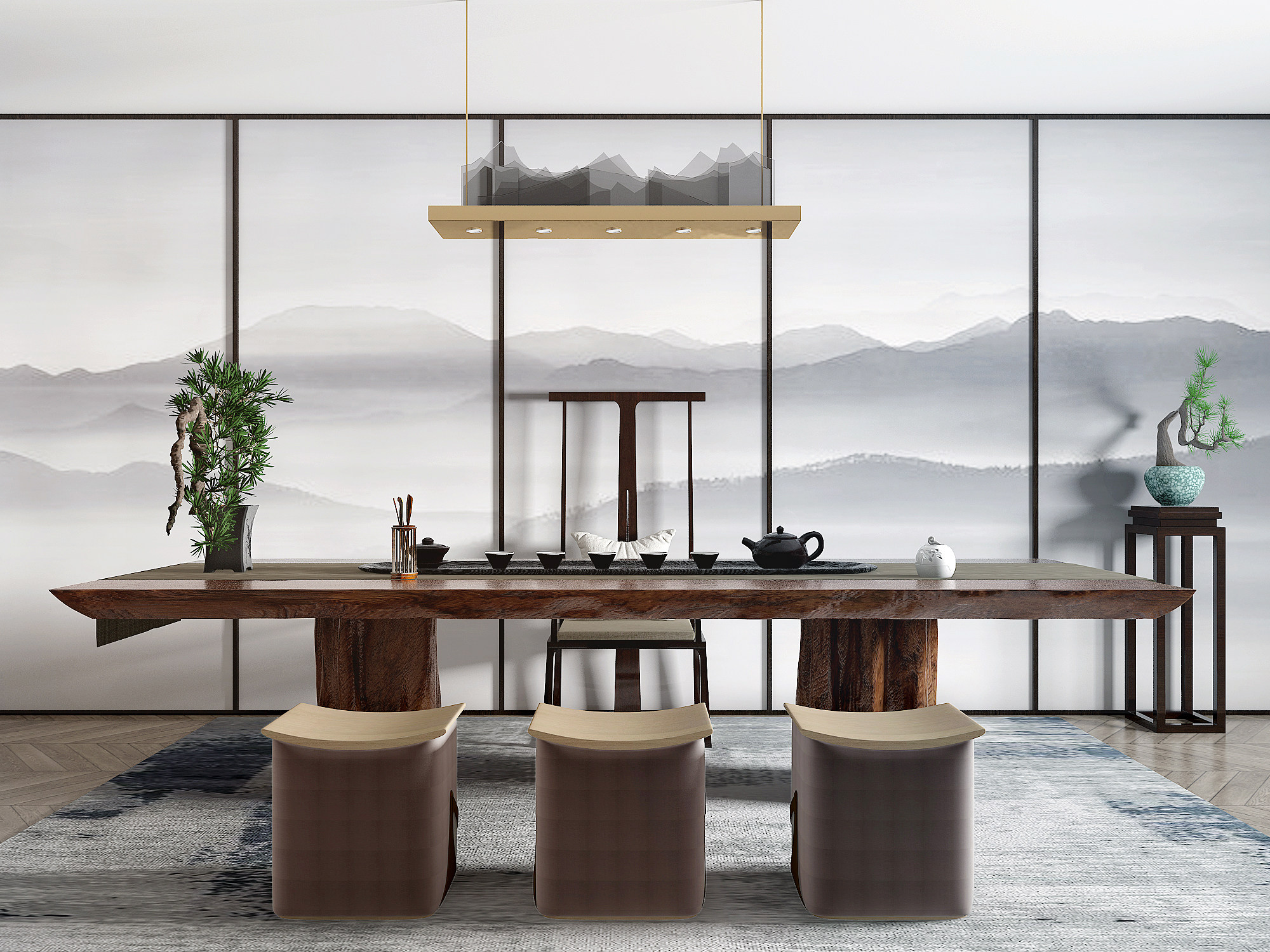 新中式茶桌椅组合3d模型下载