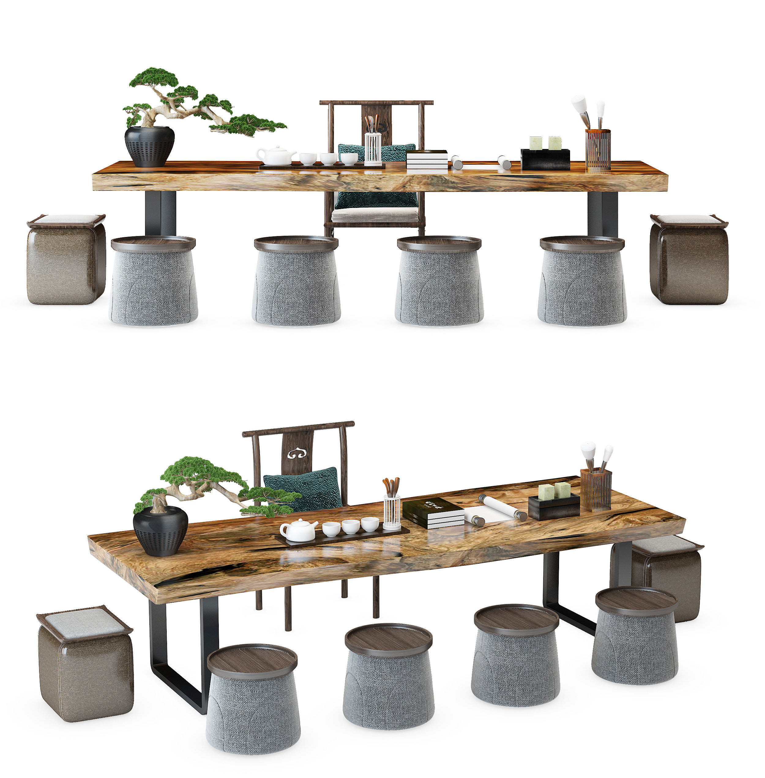 新中式实木茶桌椅3d模型下载