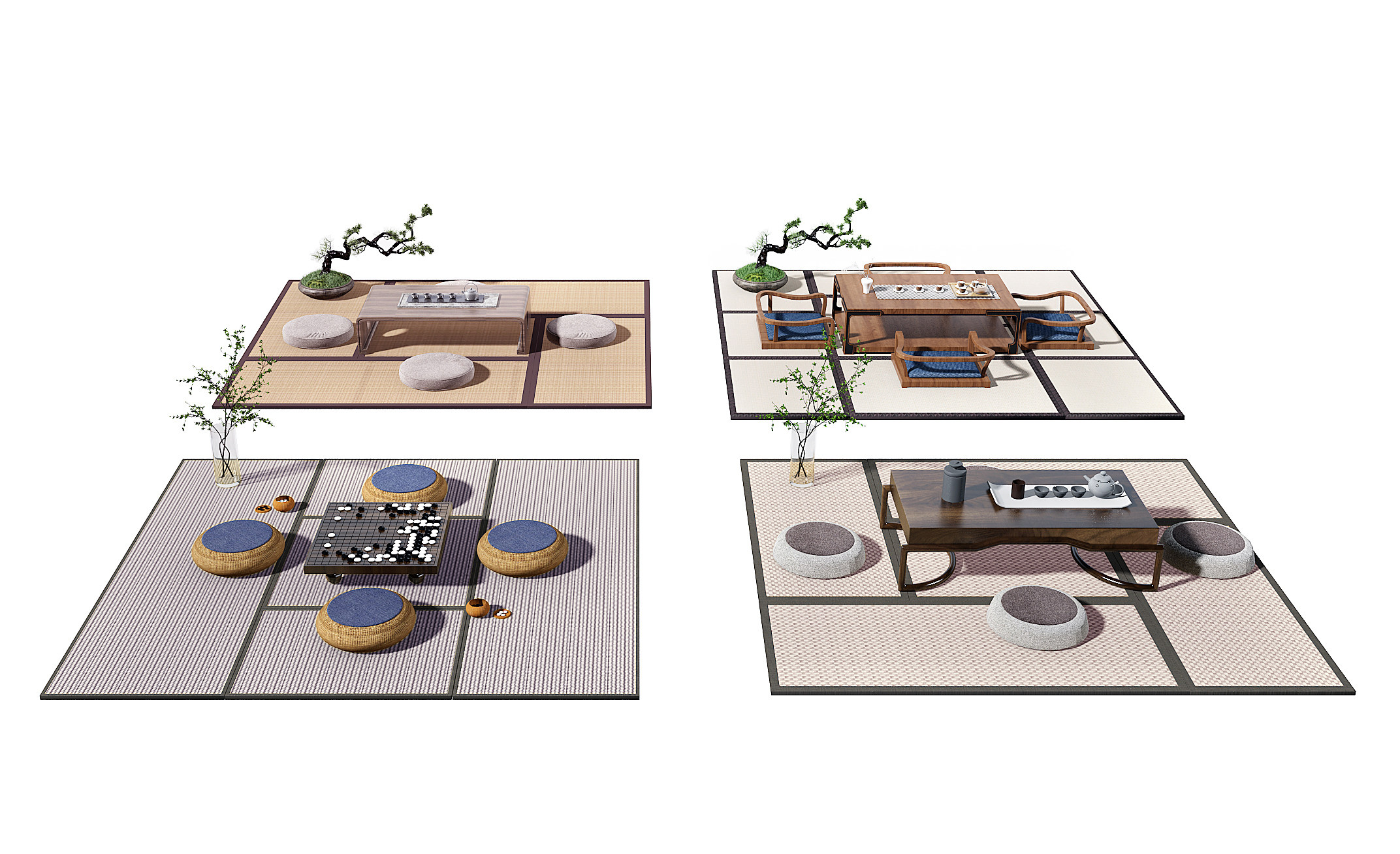 新中式榻榻米茶桌椅组合3d模型下载