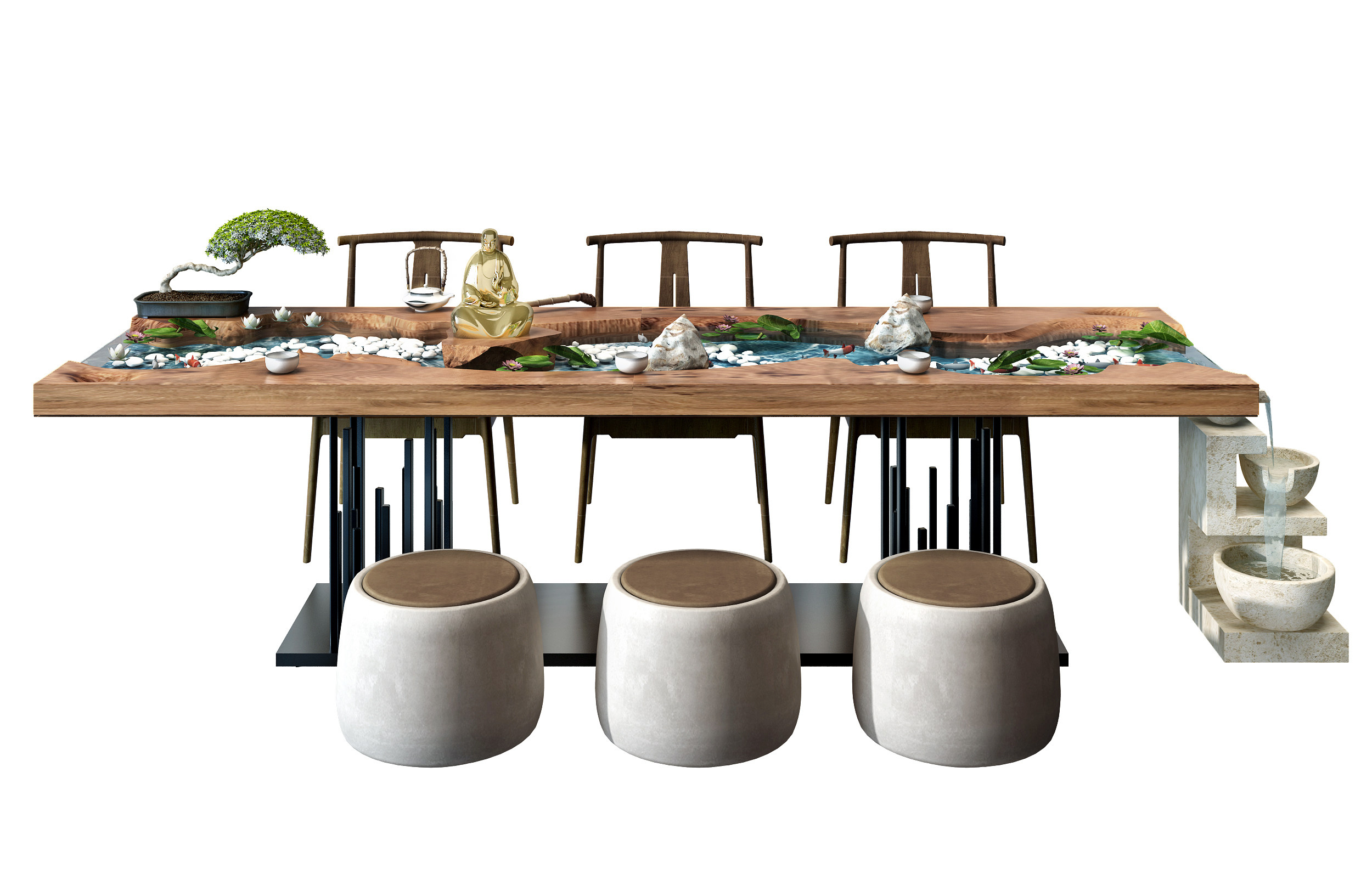 新中式禅意流水茶台茶桌椅3d模型下载