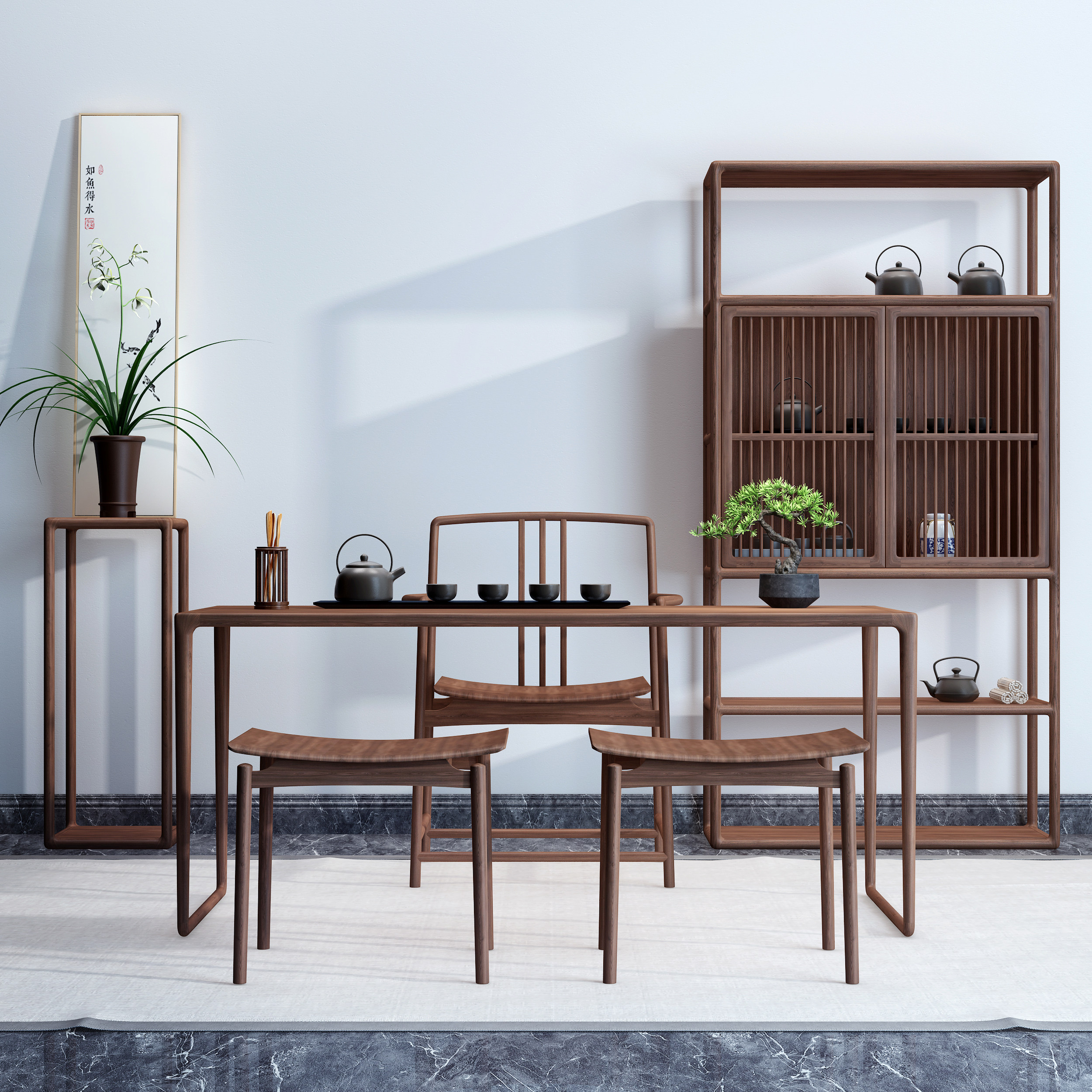 新中式古典实木，明式茶桌椅3d模型下载