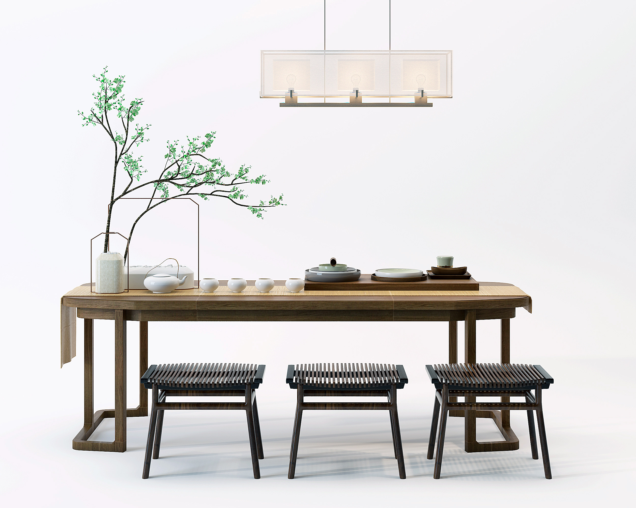 新中式实木茶桌椅3d模型下载