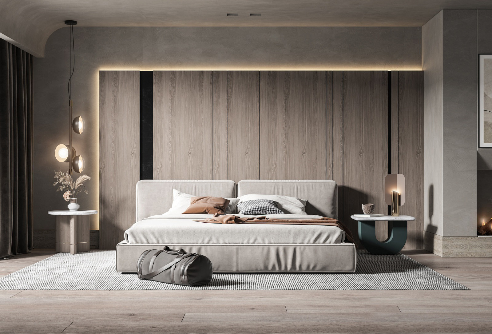 现代卧室，双人床，3d模型下载