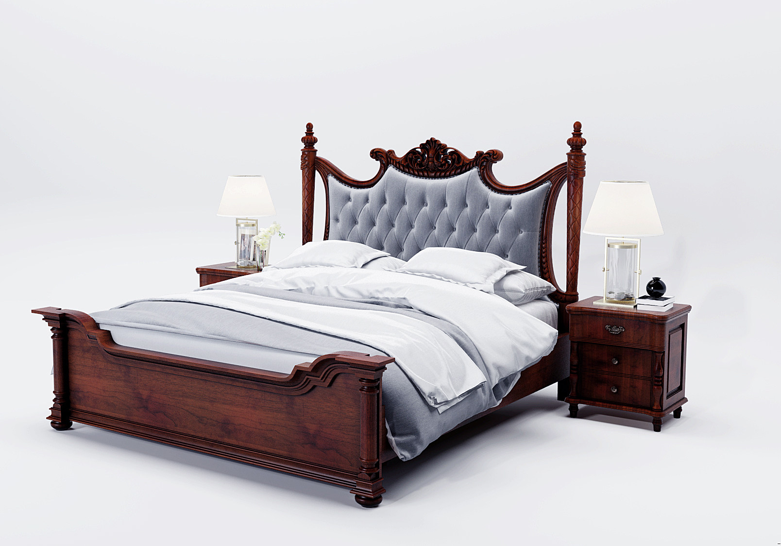 美式实木双人床,床头柜组合3d模型下载