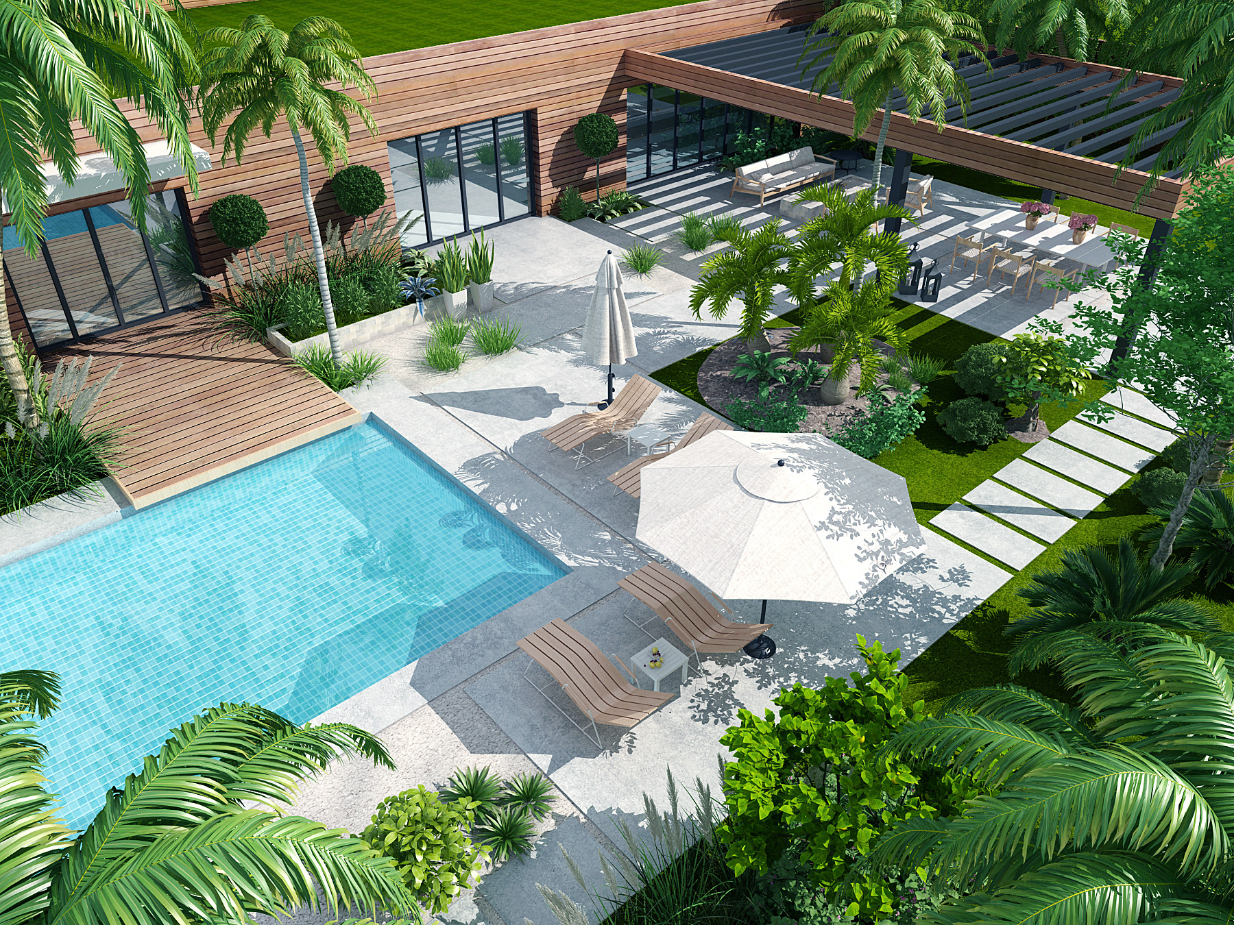 现代景观庭院花园泳池鸟瞰3d模型下载