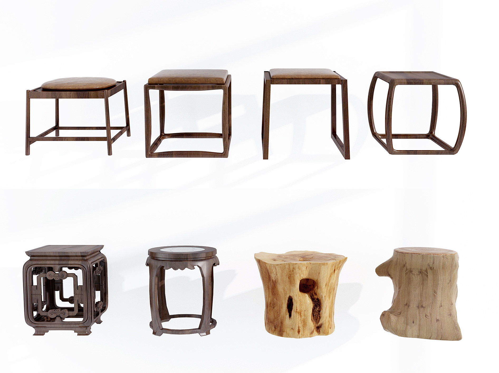 中式实木圆凳矮凳凳子组合3d模型下载