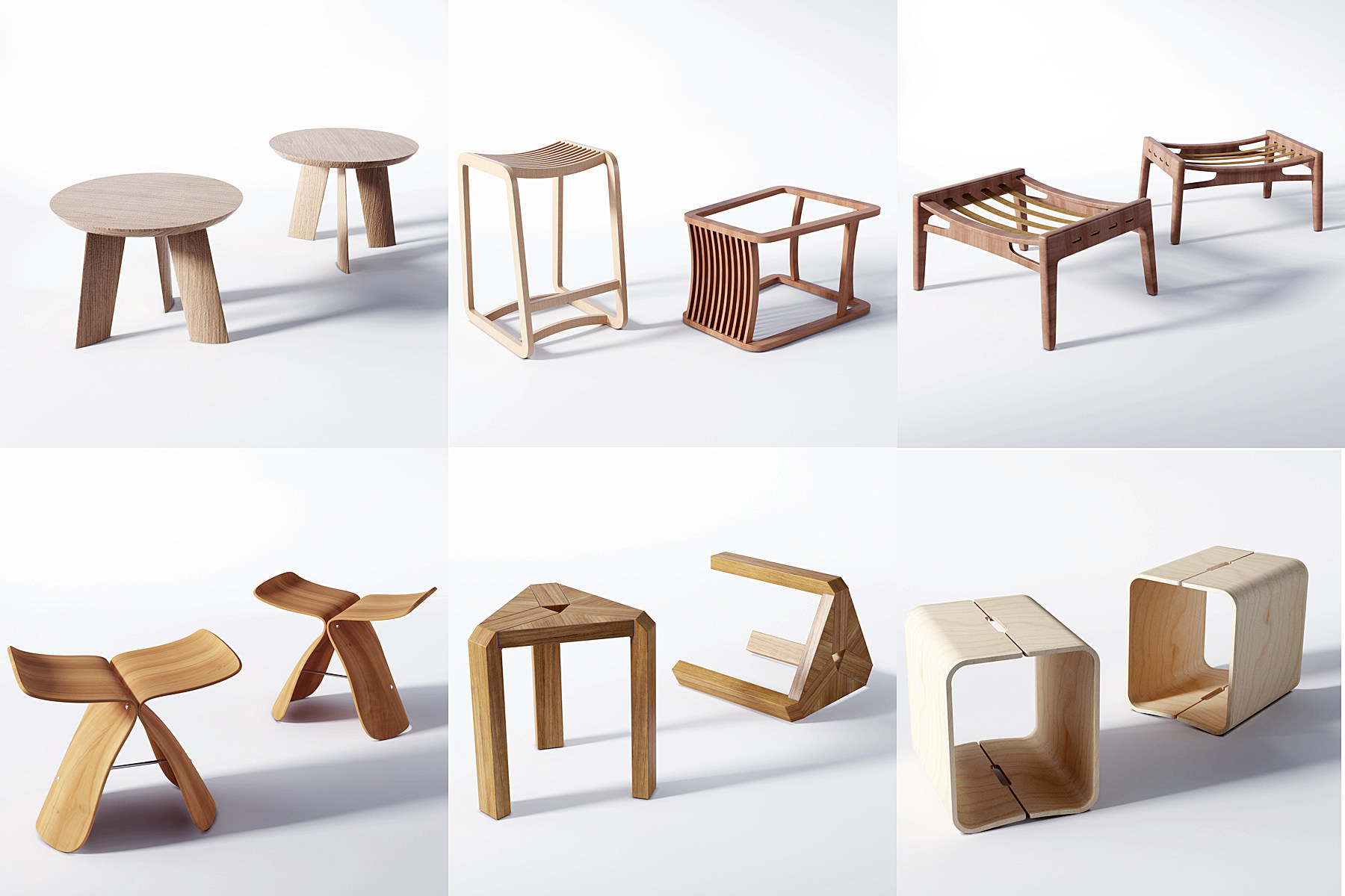 北欧原木凳子，圆形方形坐凳组合3d模型下载