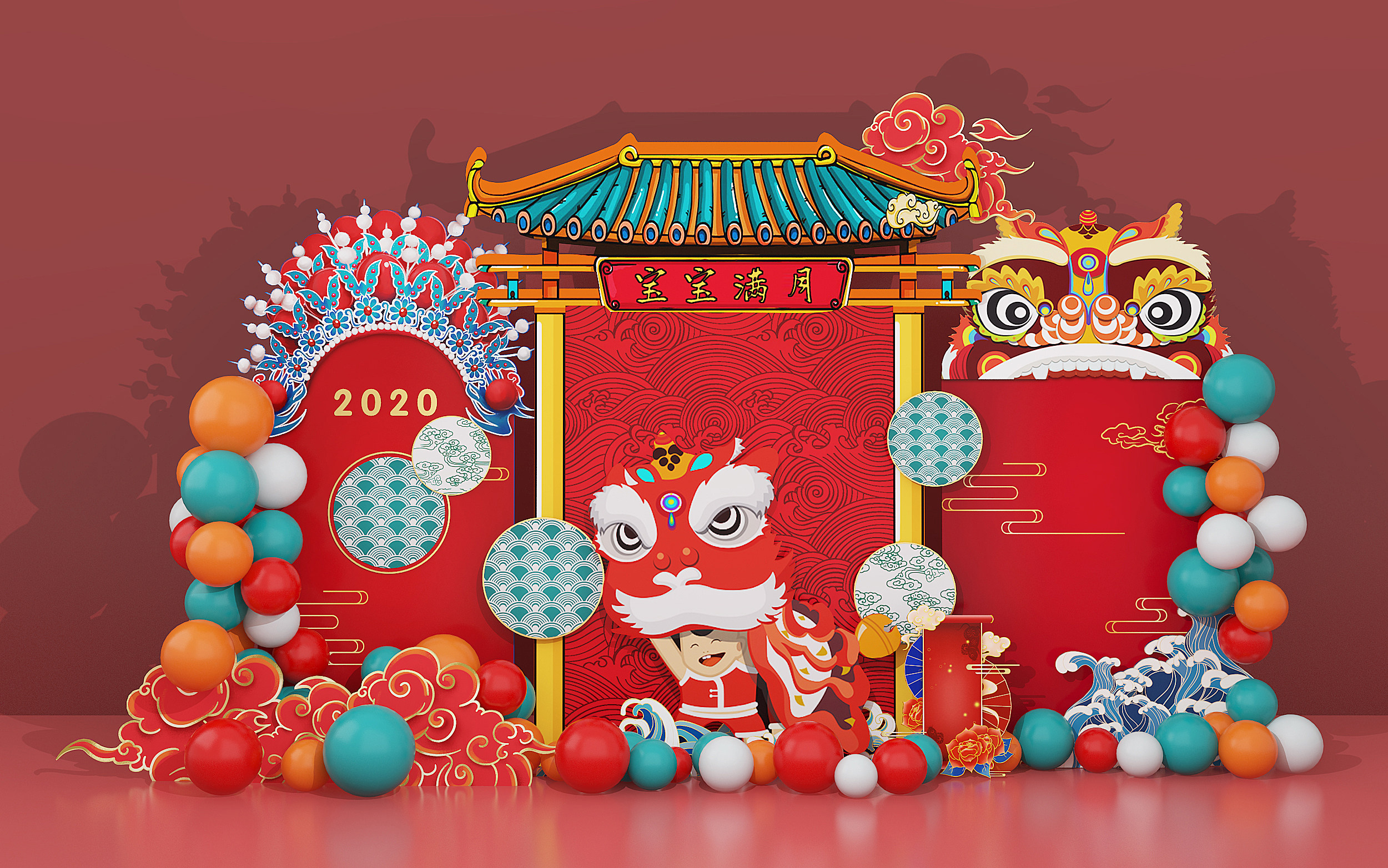 新中式气球国风节日，新年美陈3d模型下载