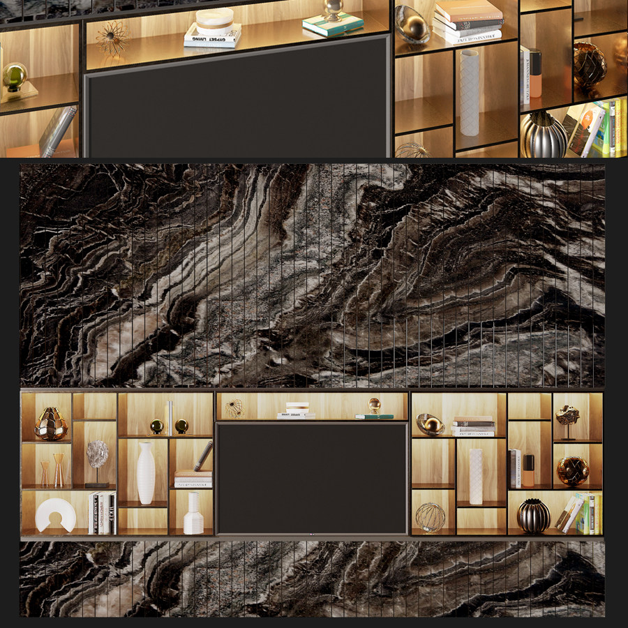 现代大理石电视背景墙，装饰品摆件3d模型下载
