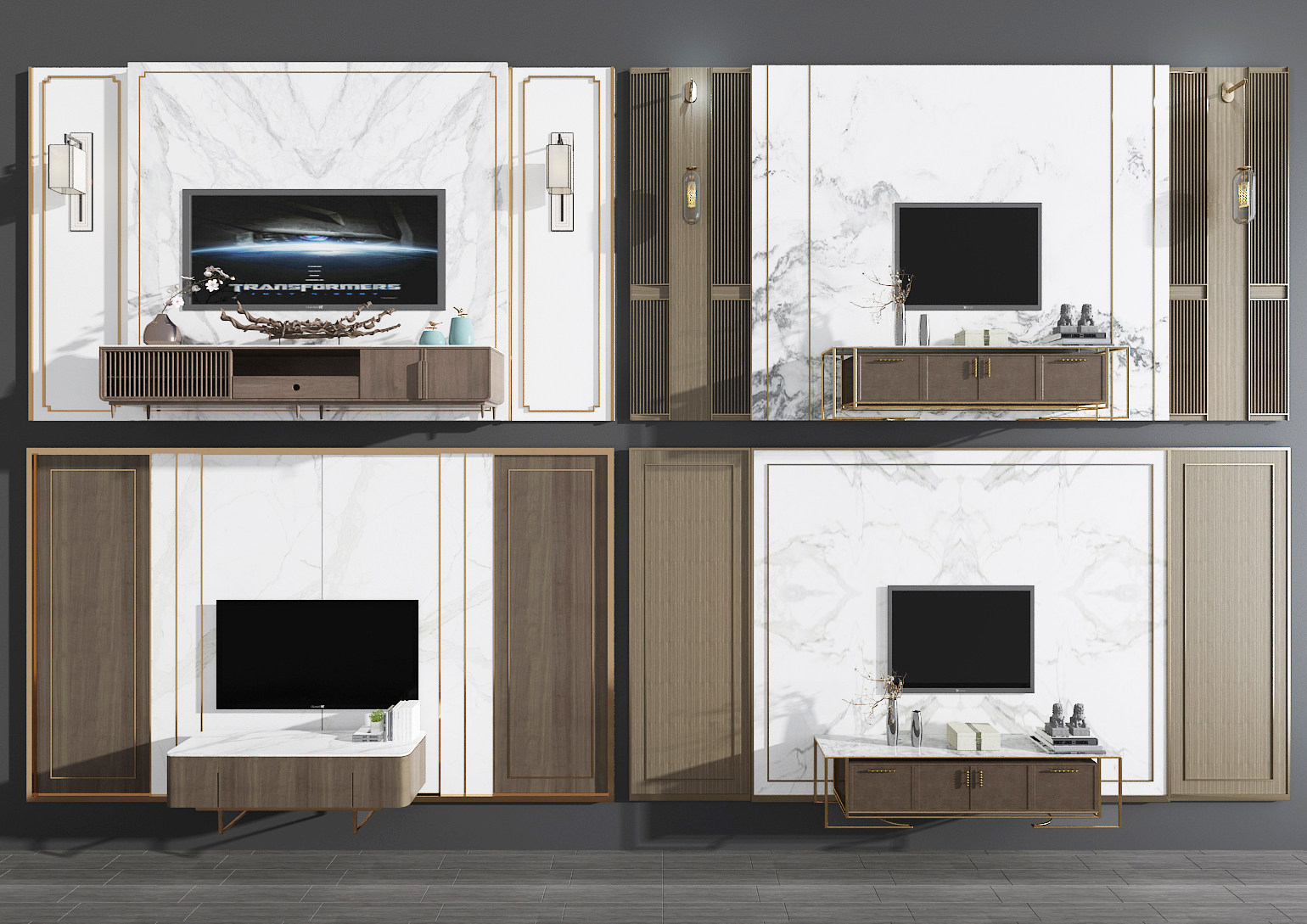 新中式大理石电视柜背景墙3d模型下载