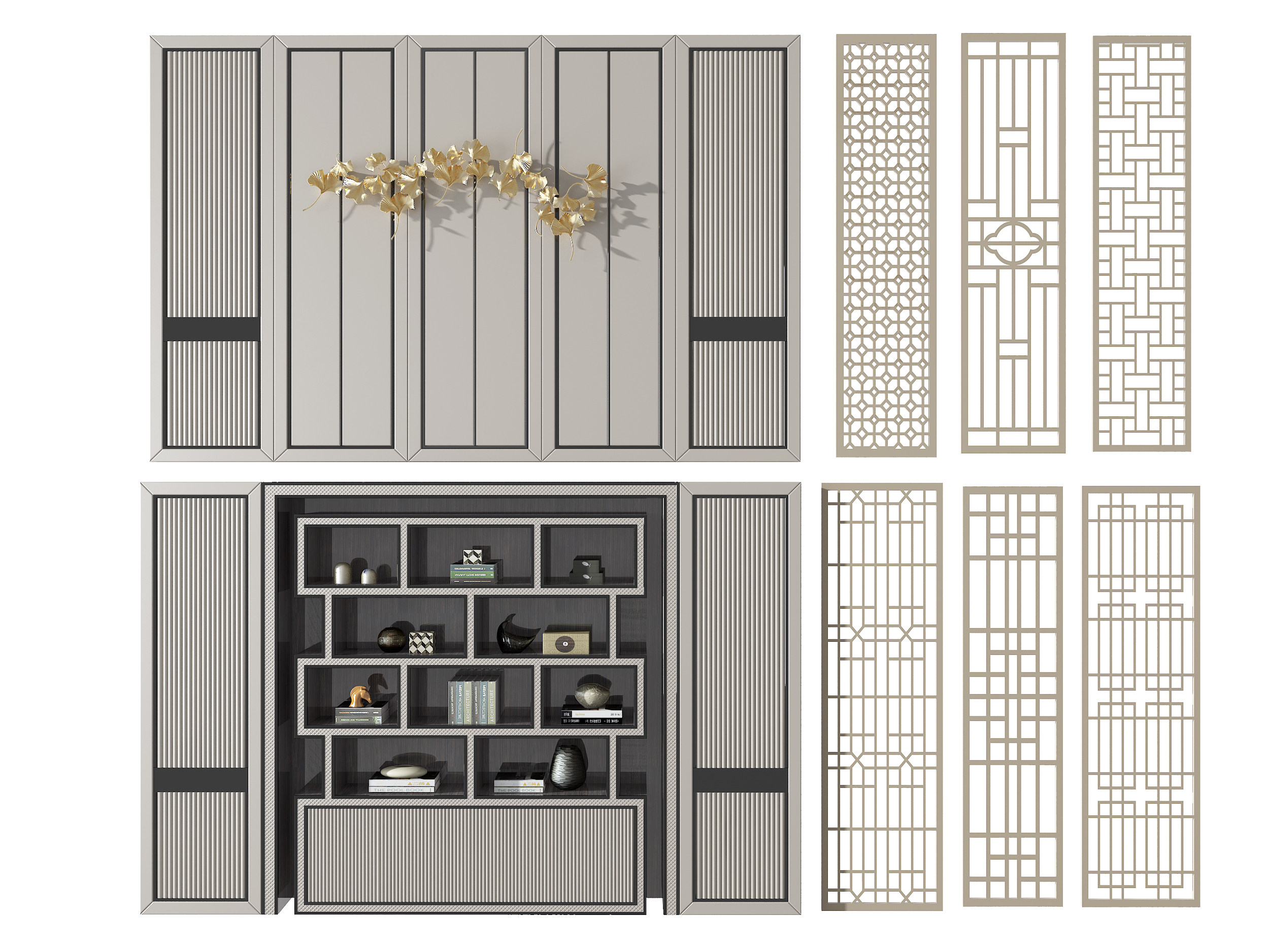 现代背景墙屏风，银杏叶，装饰柜3d模型下载