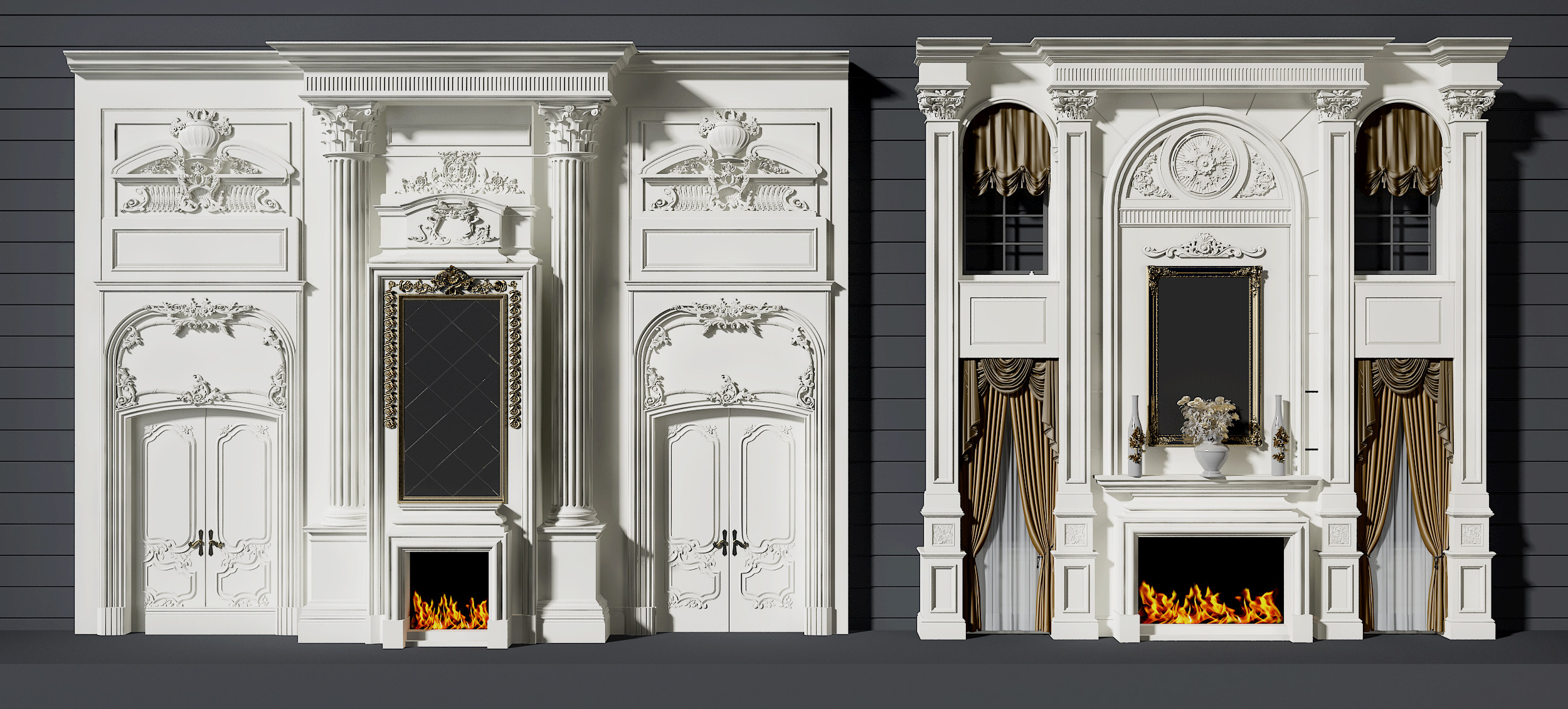欧式法式雕花，壁炉背景墙3d模型下载