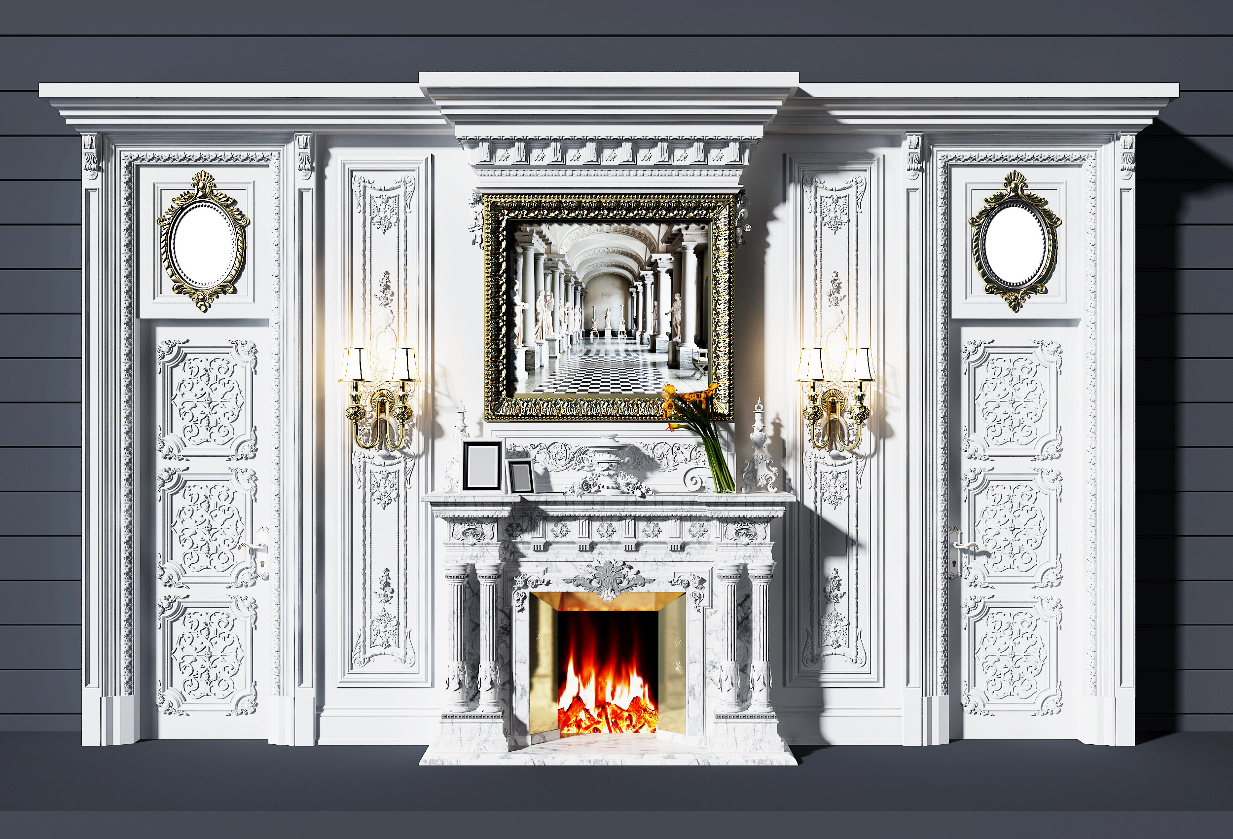 欧式雕花壁炉背景墙，3d模型下载