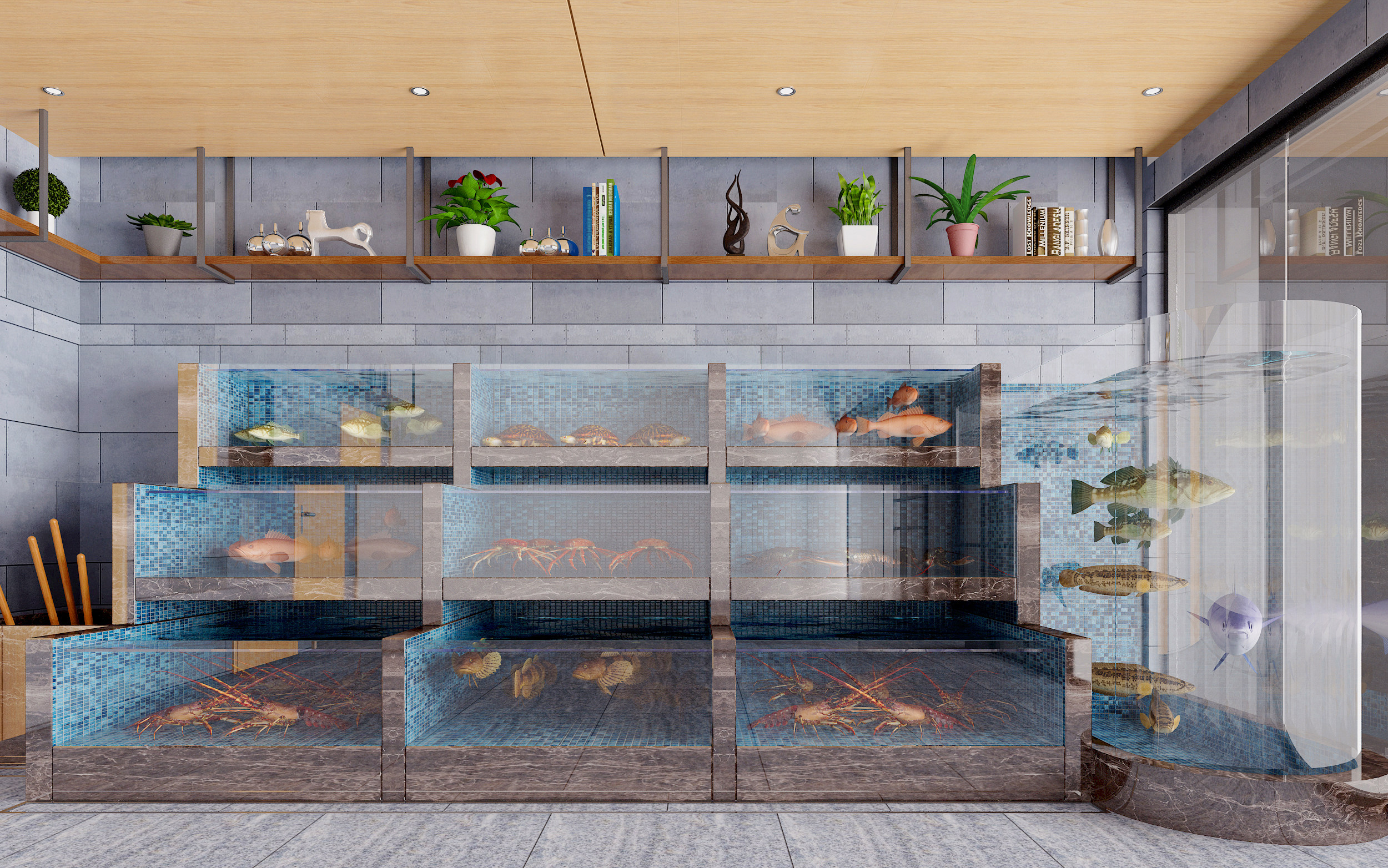 现代玻璃海鲜池鱼缸,绿植，书籍，饰品摆件3d模型下载