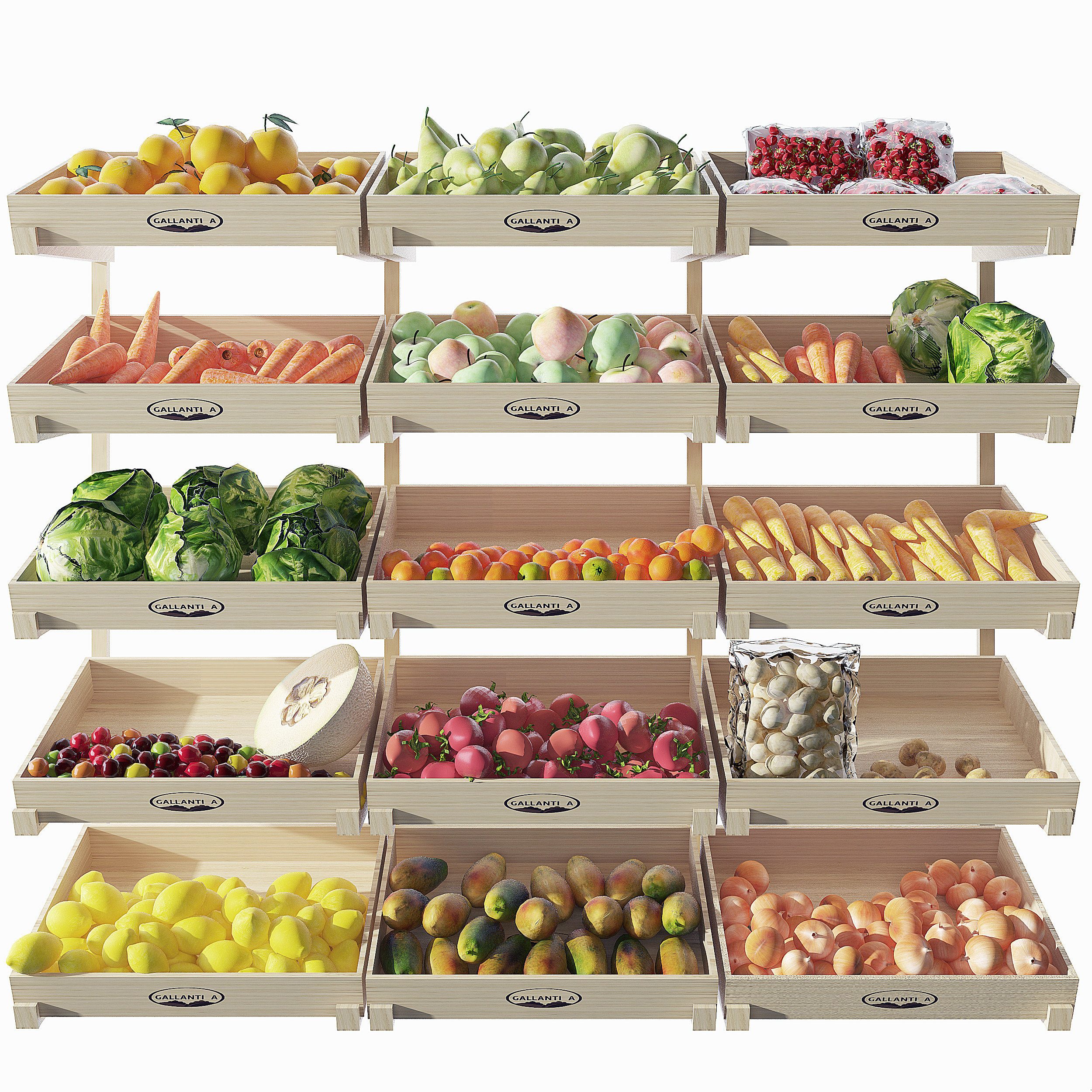 现代水果蔬菜生鲜超市展柜,货架3d模型下载